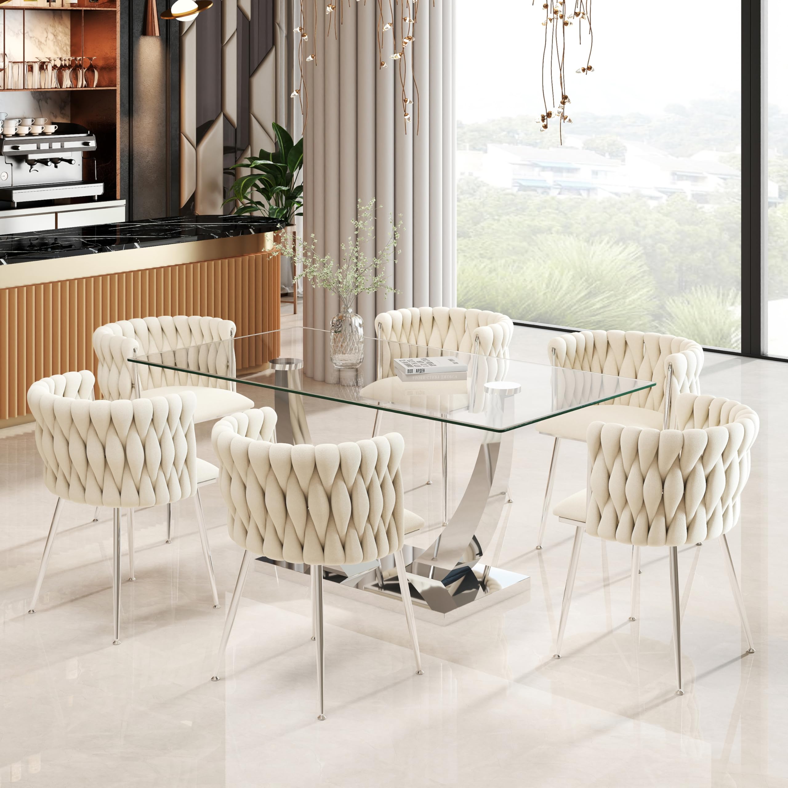 RGZ Modern Silver Luxury Dining Table Set for 6, 63'' Clear Glass Top Kitchen Table Set, 7 Pcs Minimalist Rectangular Dinner Room Set with Ivory Woven