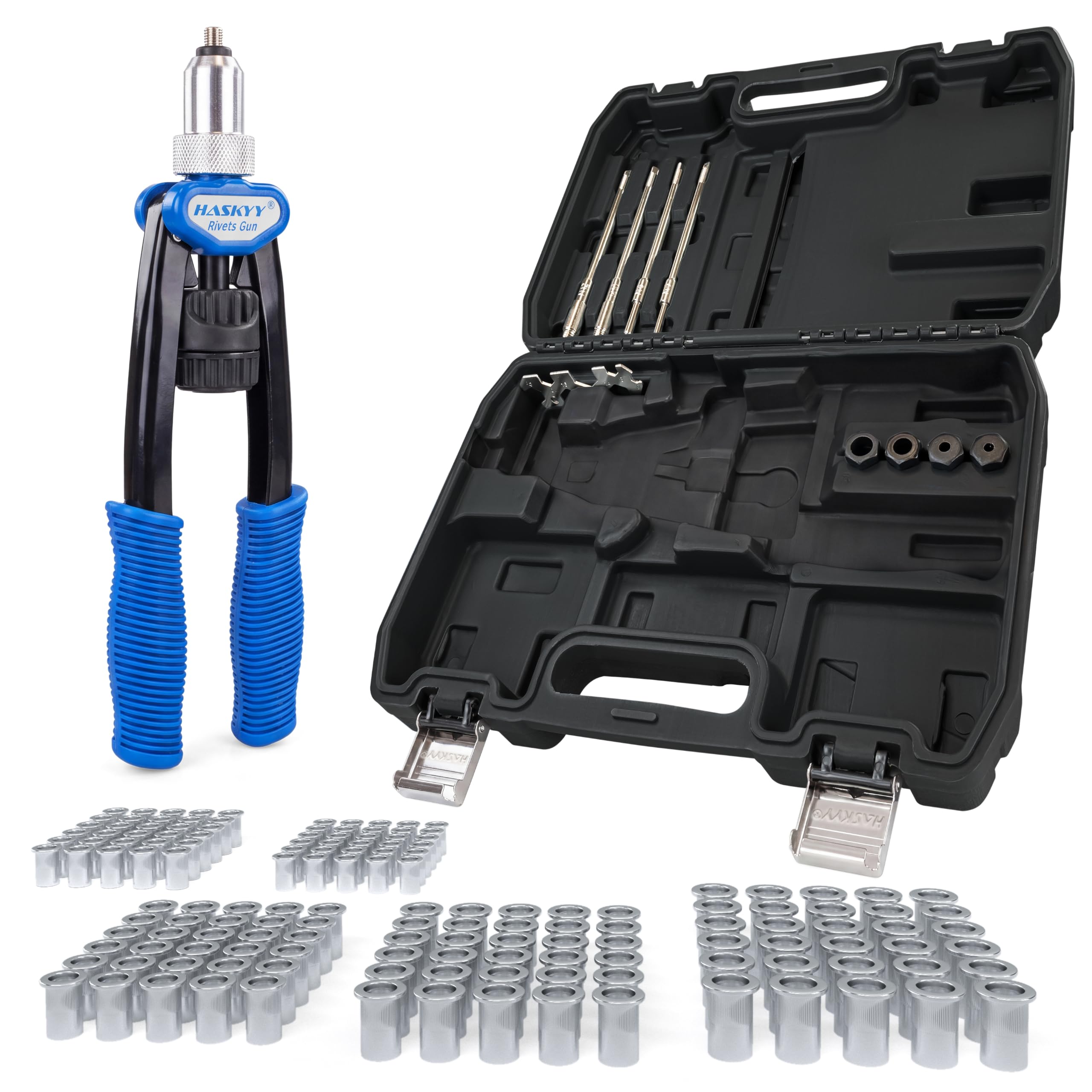 HASKYY Kit profesional de remachadora para tuercas remachables (Rivnut) + 150 tuercas de acero -M5/M6/M8/M10/M12 (30 uds cada medida)