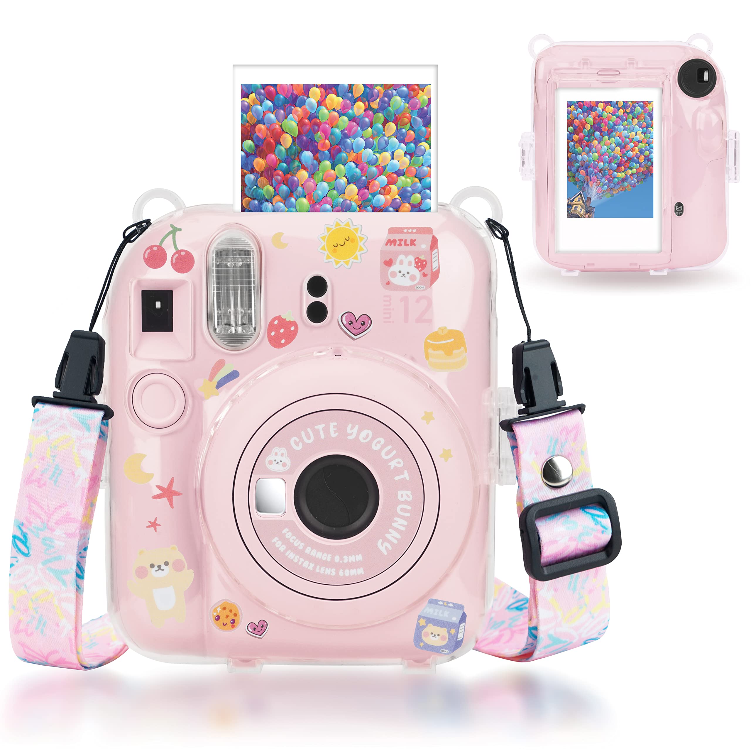Yosuny Portable Transparent case Compatible with Fujifilm Instax Mini 12 Instant Camera Accessories,Hard Carrying Protective Case,Shoulder Straps and Stickers Decoration Set, Pink, Bag Organiser