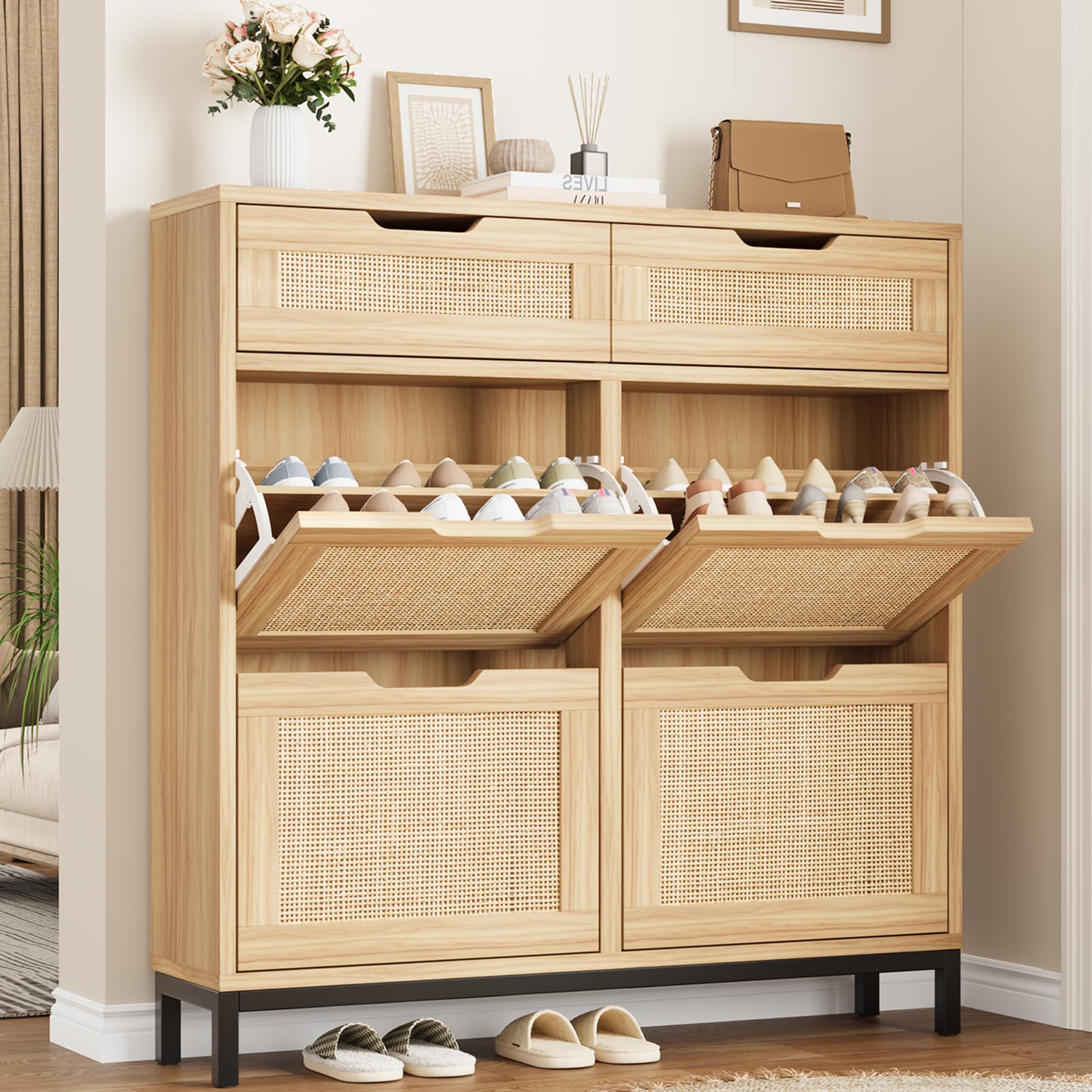 Photo 1 of Jocoevol Rattan Shoe Cabinet for Entryway, Boho Shoe Storage Cabinet with 4 Flip Drawers and 2 Drawers, Narrow Freestanding Shoe Rack with Metal Legs for Entryway/Hallway/Foyer (Natural)