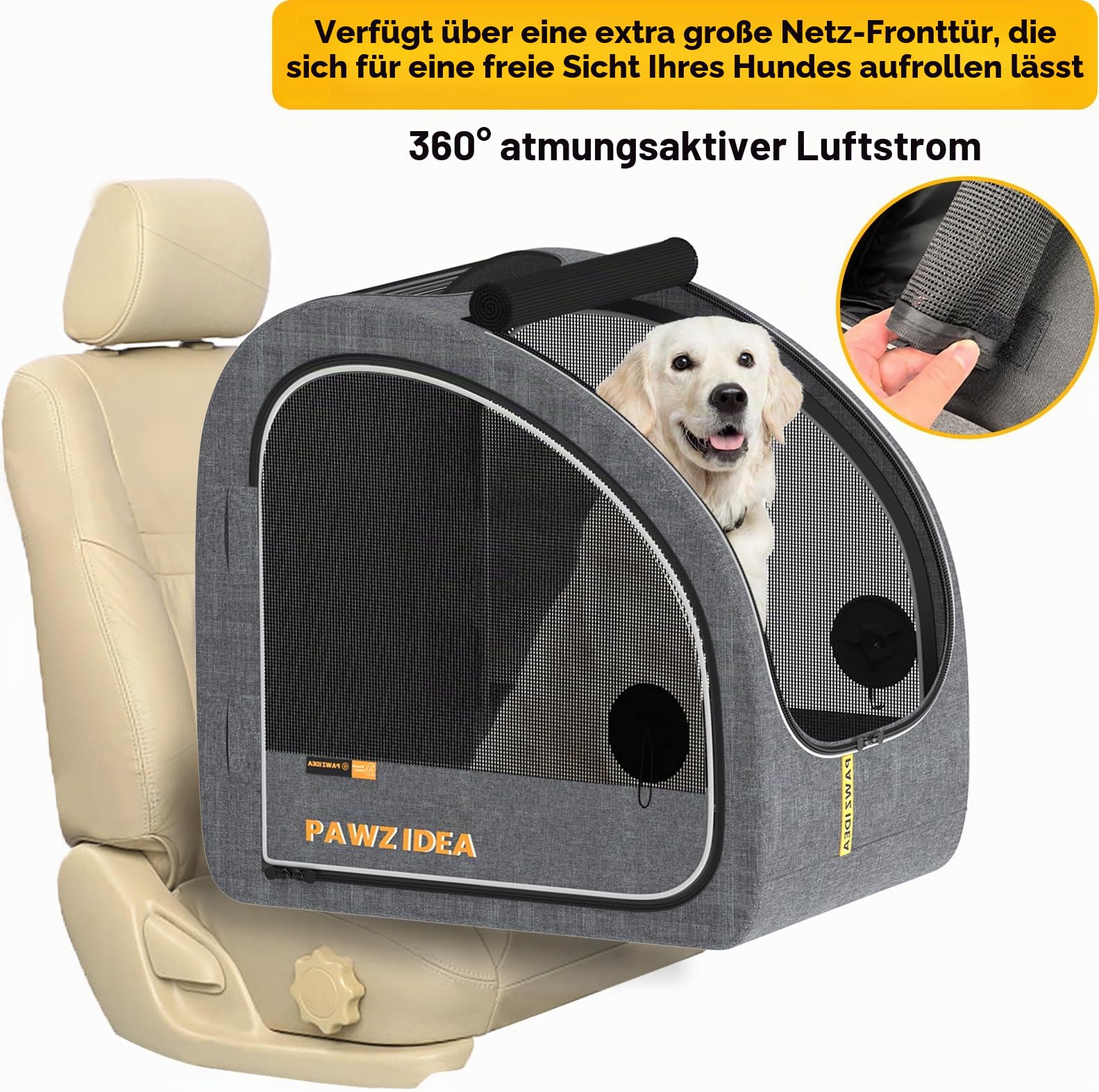 PAWZIDEA Tragbare Hundebox für Autoreisen, zusammenklappbare Haustier-Reiseboxen für mittelgroße und große Hunde, geschlossene weiche Seiten-Autohütte für den Rücksitz, sichert mit Sicherheitsgurt und