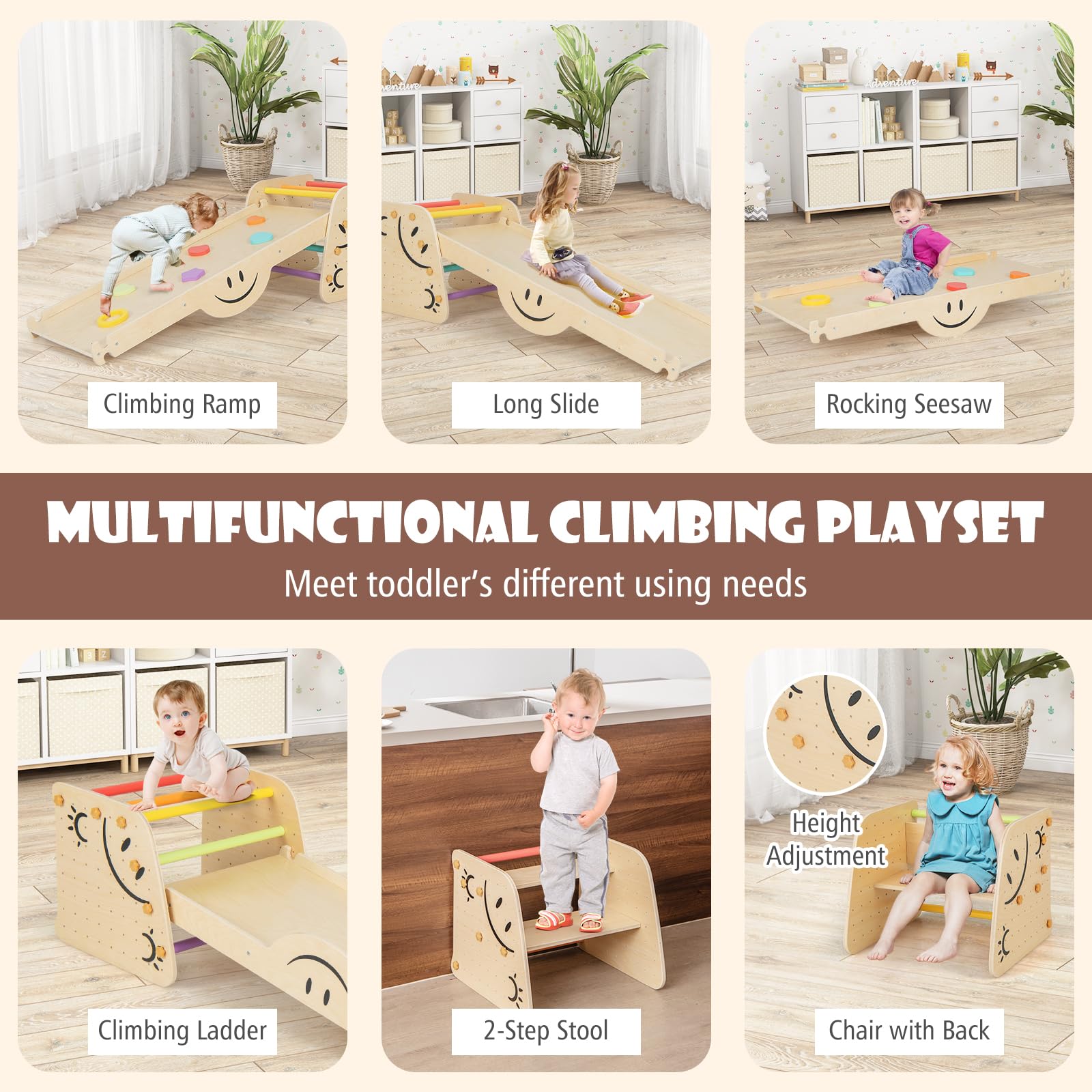 HONEY JOY Climbing Toys for Toddlers, 6 in 1 Wooden Triangle Set, Double Side Ramp & Climber, Seesaw, Step Stool, 2-Piece Learning Indoor Montessori Climbing Ladder Gym for Kids Boys Girls