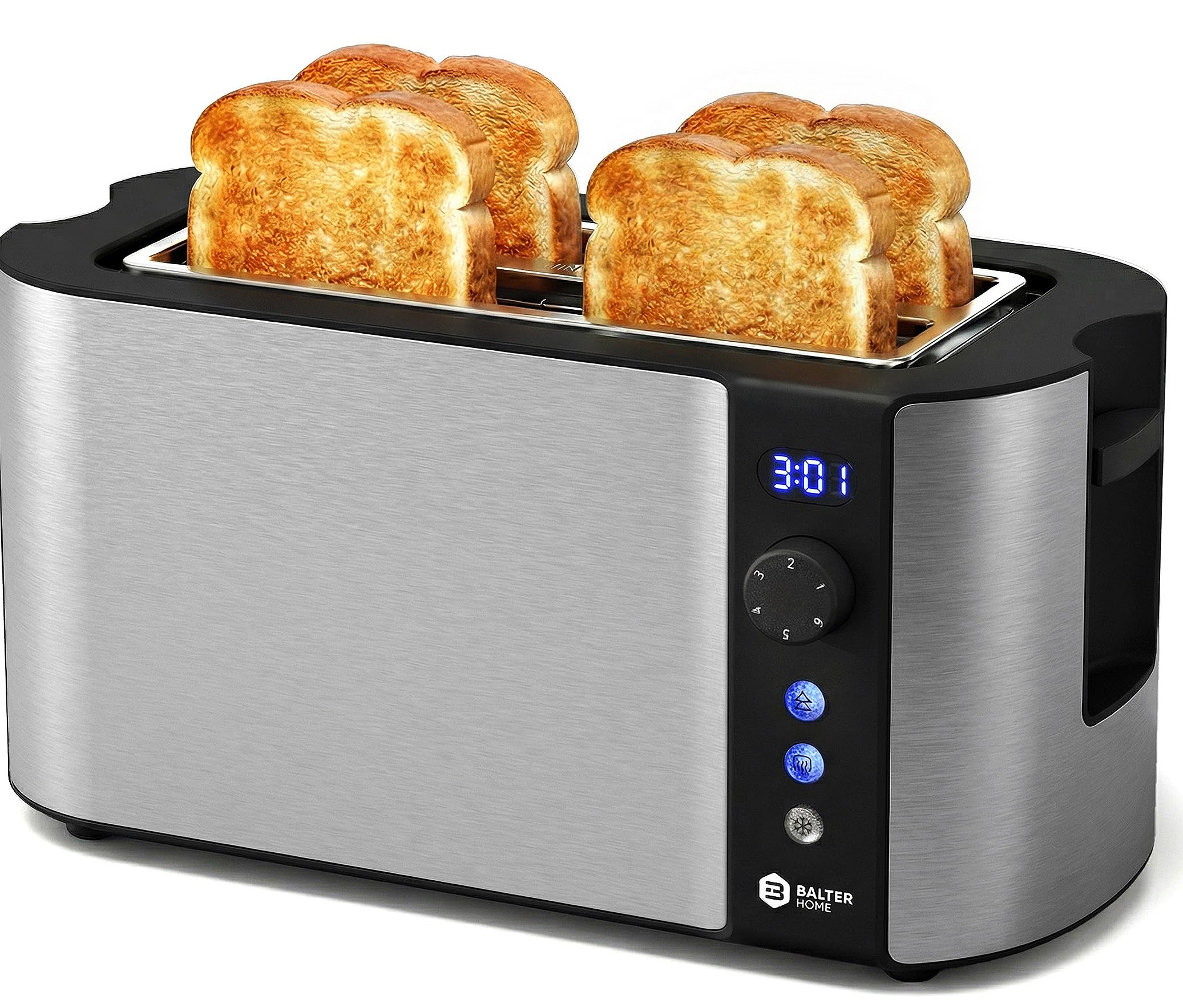 Balter Toaster 4 Slice wide slots, Long Slot, Stainless Steel, Built-in Rack, Extra wide slots for Thick Breads & Bagel, Timer, BPA-Free, Removable Tray