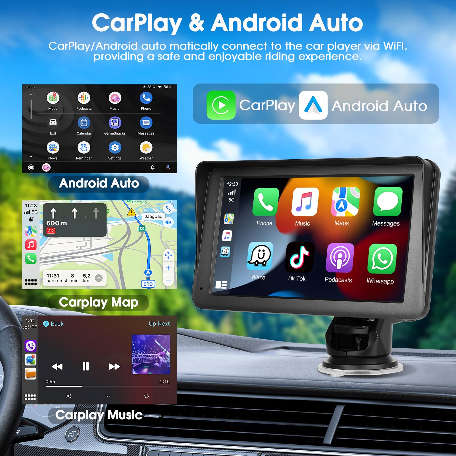 Caméra bébé 7'' avec écran Tactile IPS - Babyphone sans Fil Android Auto, AirPlay, Android Cast, Bluetooth, GPS en Ligne, Vision Nocturne avec éclairage Infrarouge, Installation Facile, 7-32V