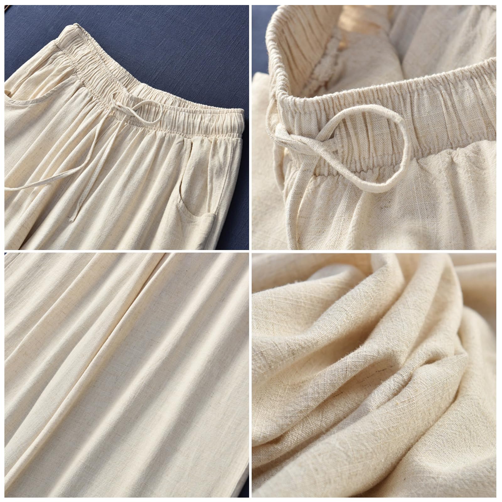 Pantalon Large pour Femme, Pantalon Palazzo Fluide en Mélange Coton-Lin avec Poches, Taille élastique à Cordon de Serrage, Style Décontracté pour la Plage