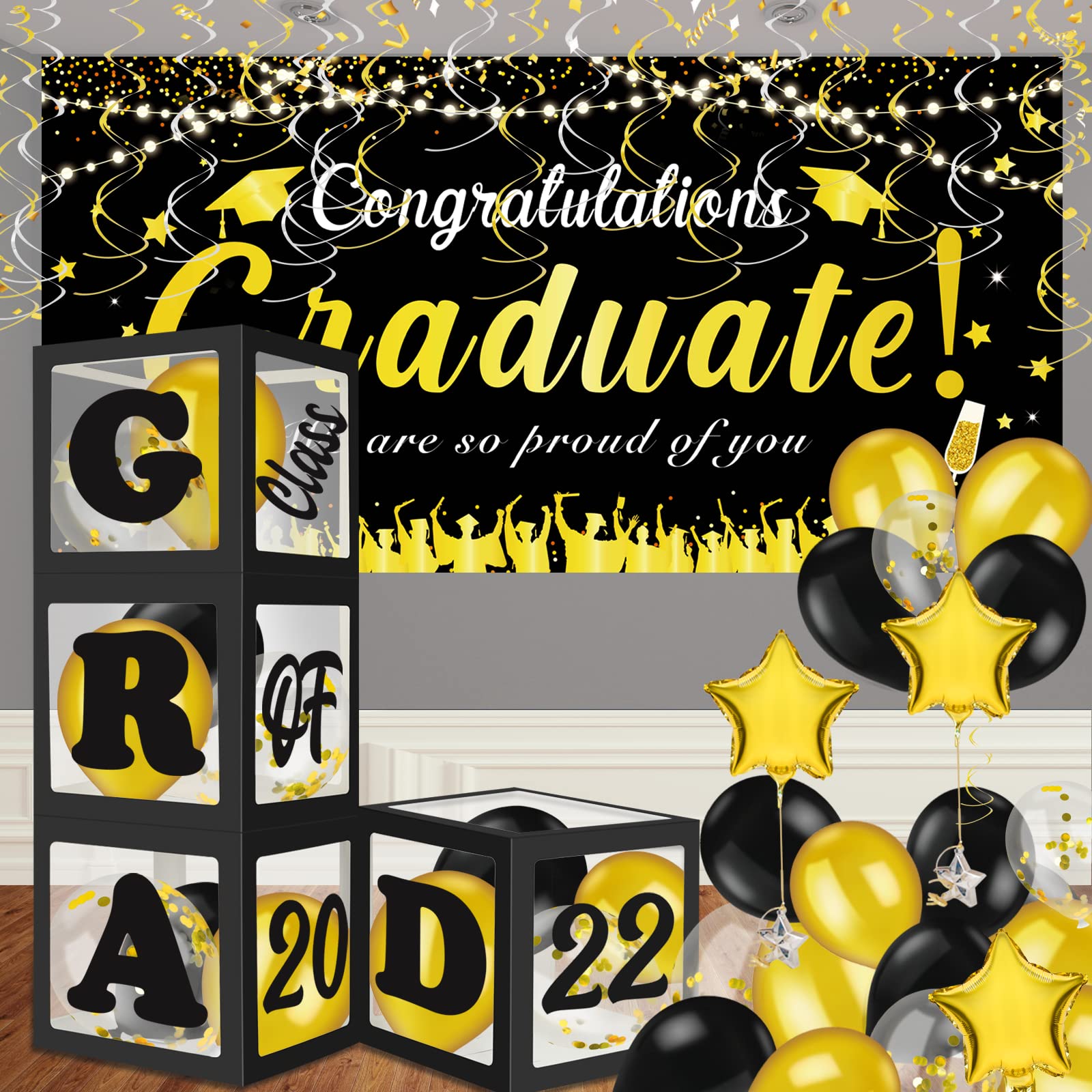 Officygnet2022 Graduation Party Decorations Supplies - Graduation Balloon Boxes Kit with Congrats Grad Banner, "Grad", "Class of 2022" Letter, Black Gold Balloons for High School College Graduation