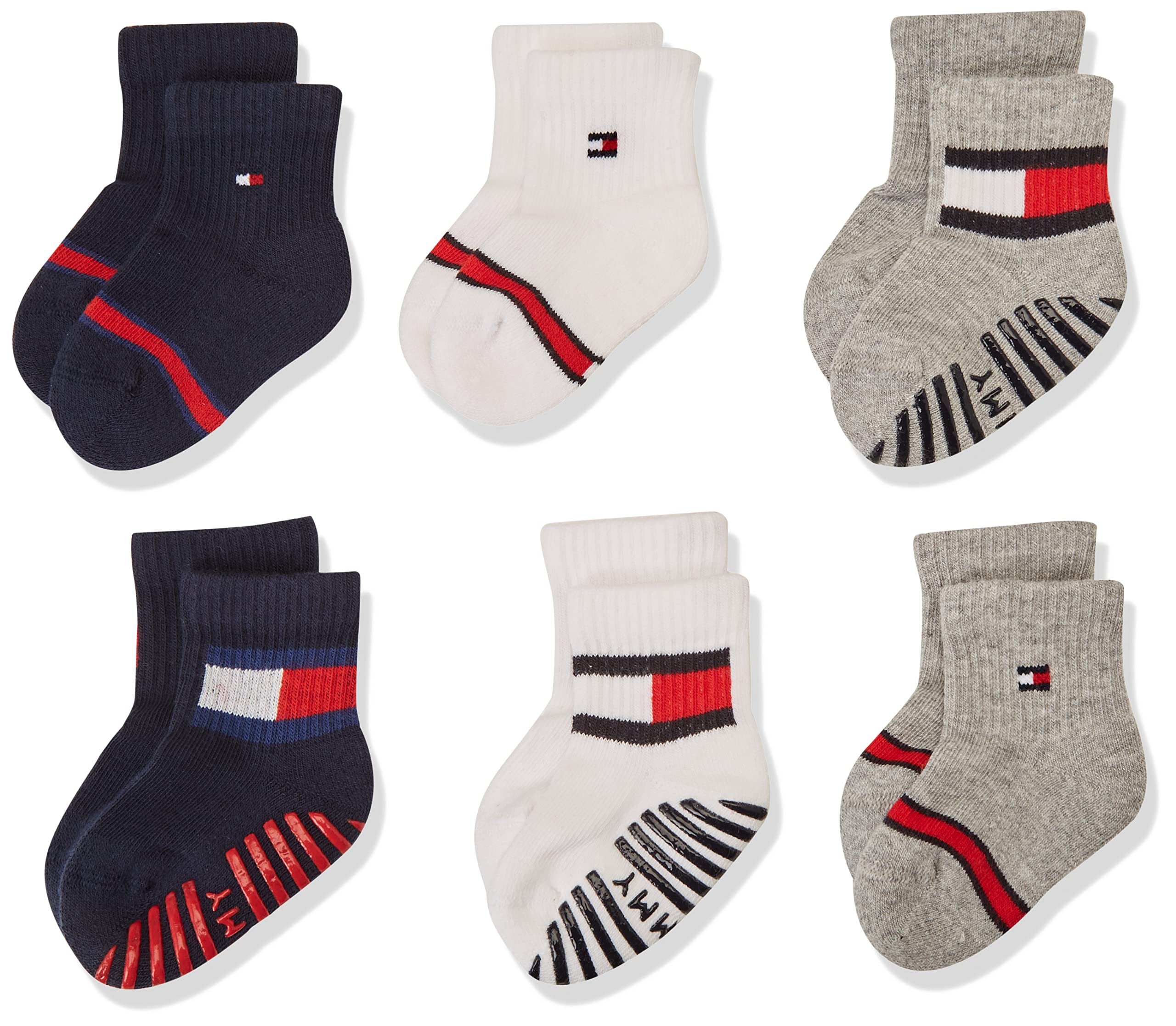 Tommy Hilfiger Baby Crew Sock, White/Grey/Navy, 23/26 (Pack of 6)