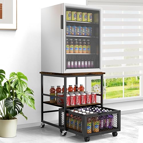 Miniatura 1 de Mini soporte móvil para refrigerador de 19.7 x 19.7 pulgadas con 3 almacenamientos, mesa pequeña para refrigerador de bebidas con ruedas, carrito