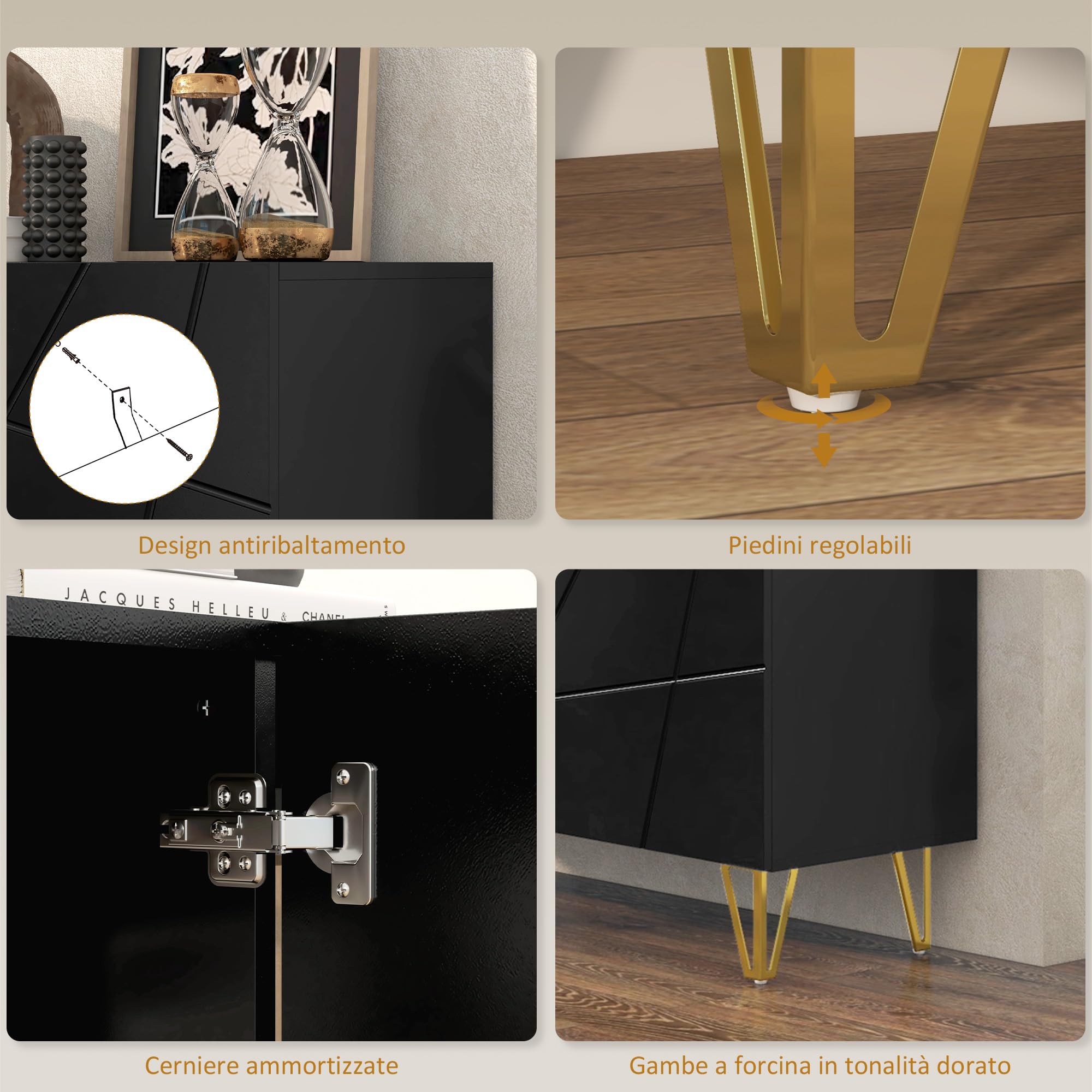 HOMCOM Mobile Contenitore con 2 Armadietti e Ripiano Regolabile a 3 Livelli, Credenza Moderna con Gambe in Metallo, 120x40x75 cm, Nero e Oro