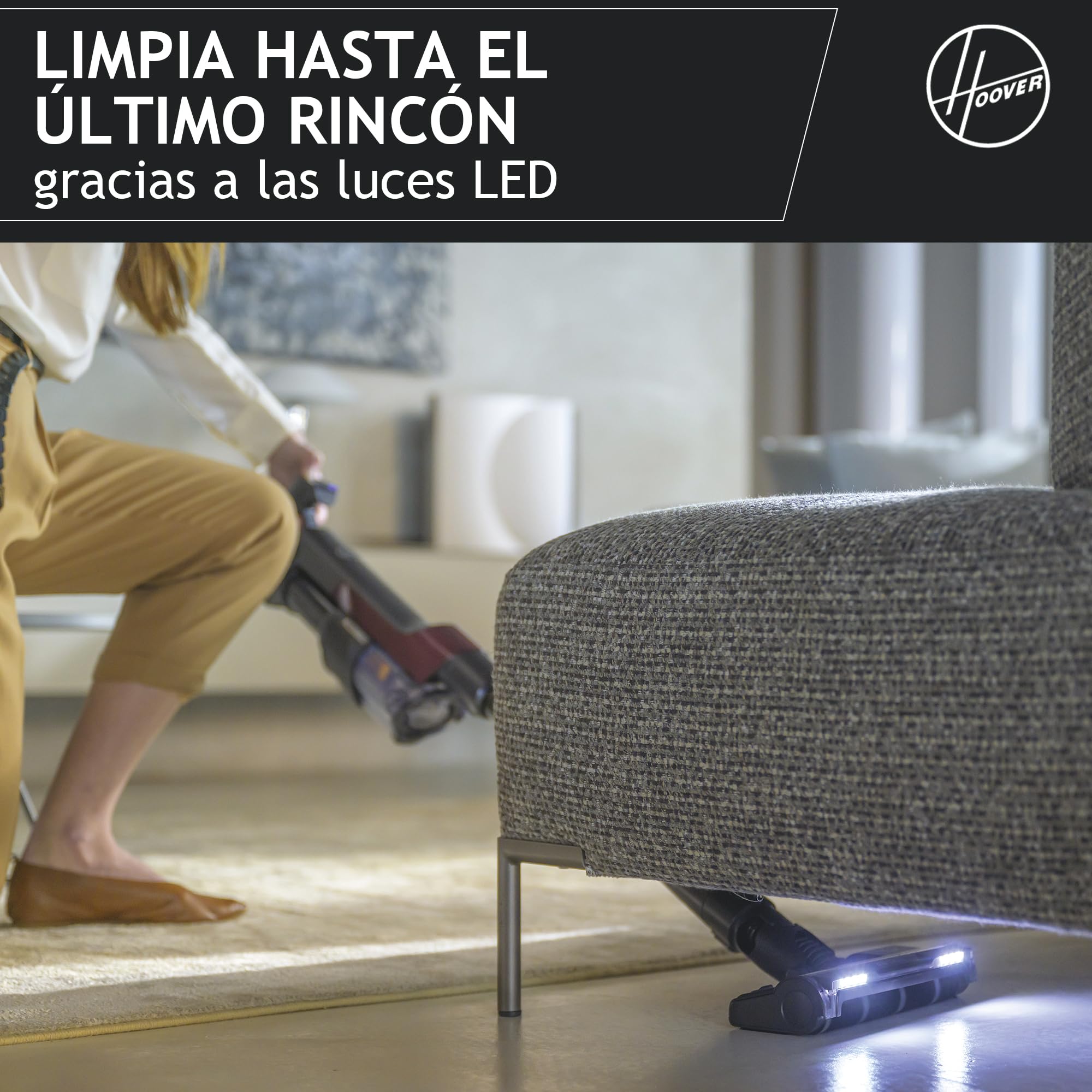 Hoover Aspiradora Escoba Sin Cable Ultraligera, 500 POWERTIME, Compacta el Polvo para Aumentar la Potencia de succión, Cepillo para Suelos Duros, Anti-Enredos, Luces LED [HF2]