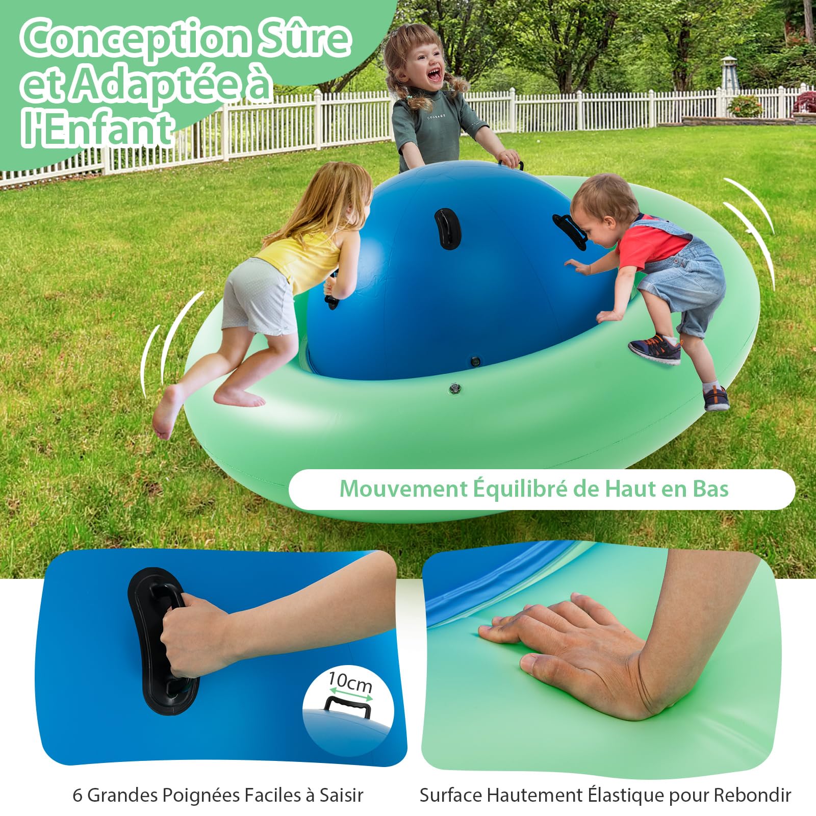 COSTWAY Balle Gonflable Enfants Ø233cm avec 6 Poignées, Château Gonfable en PVC avec Surface Élastique, Balle Rebondissante Intérieur Extérieur pour 3 Enfants de 5 Ans+, Charge 113kg (Bleu+Vert)