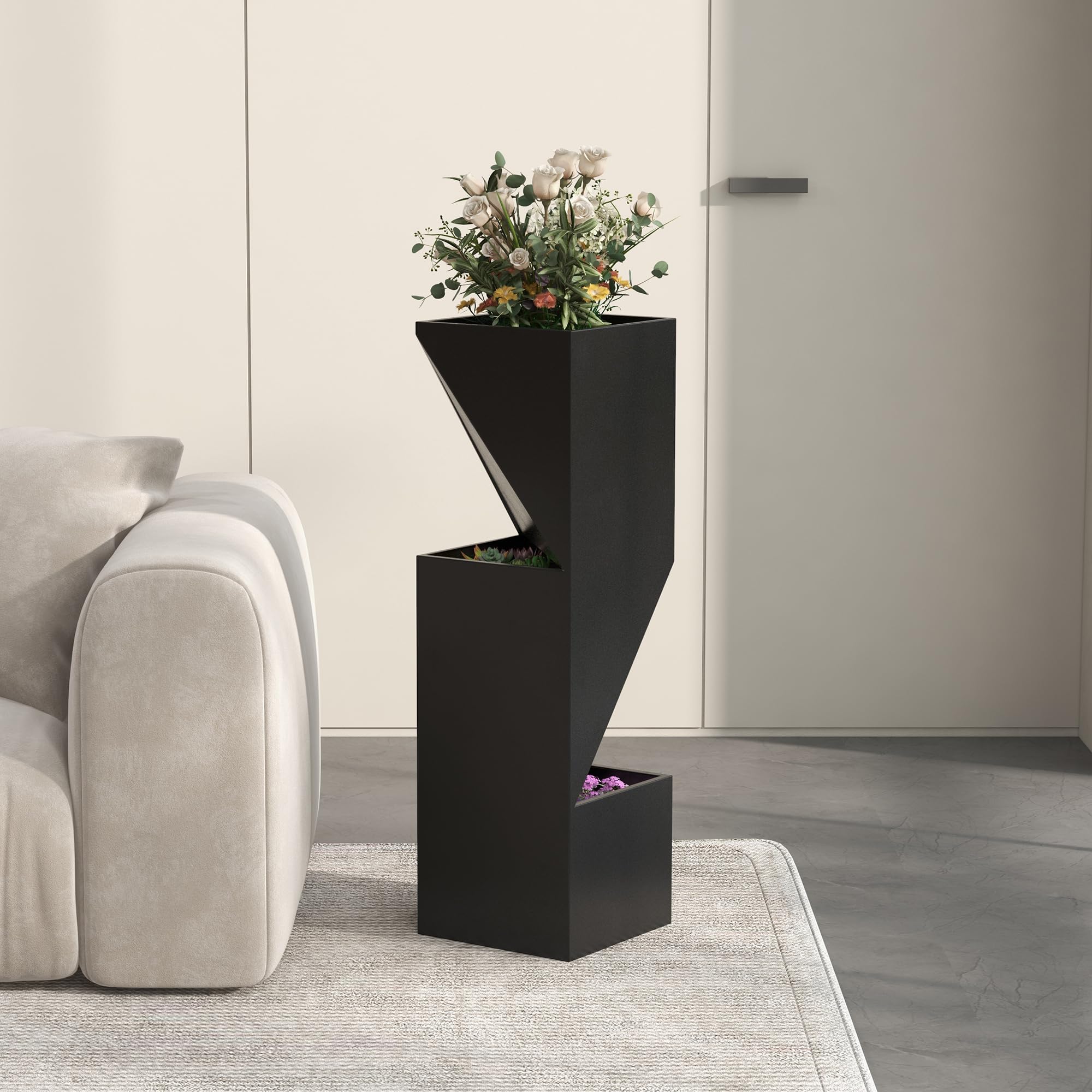 Outsunny Fioriera da Esterno con 3 Aree Coltivazione Nero 30x30x100 cm | Fori di Drenaggio, Vaso Fioriera in Metallo