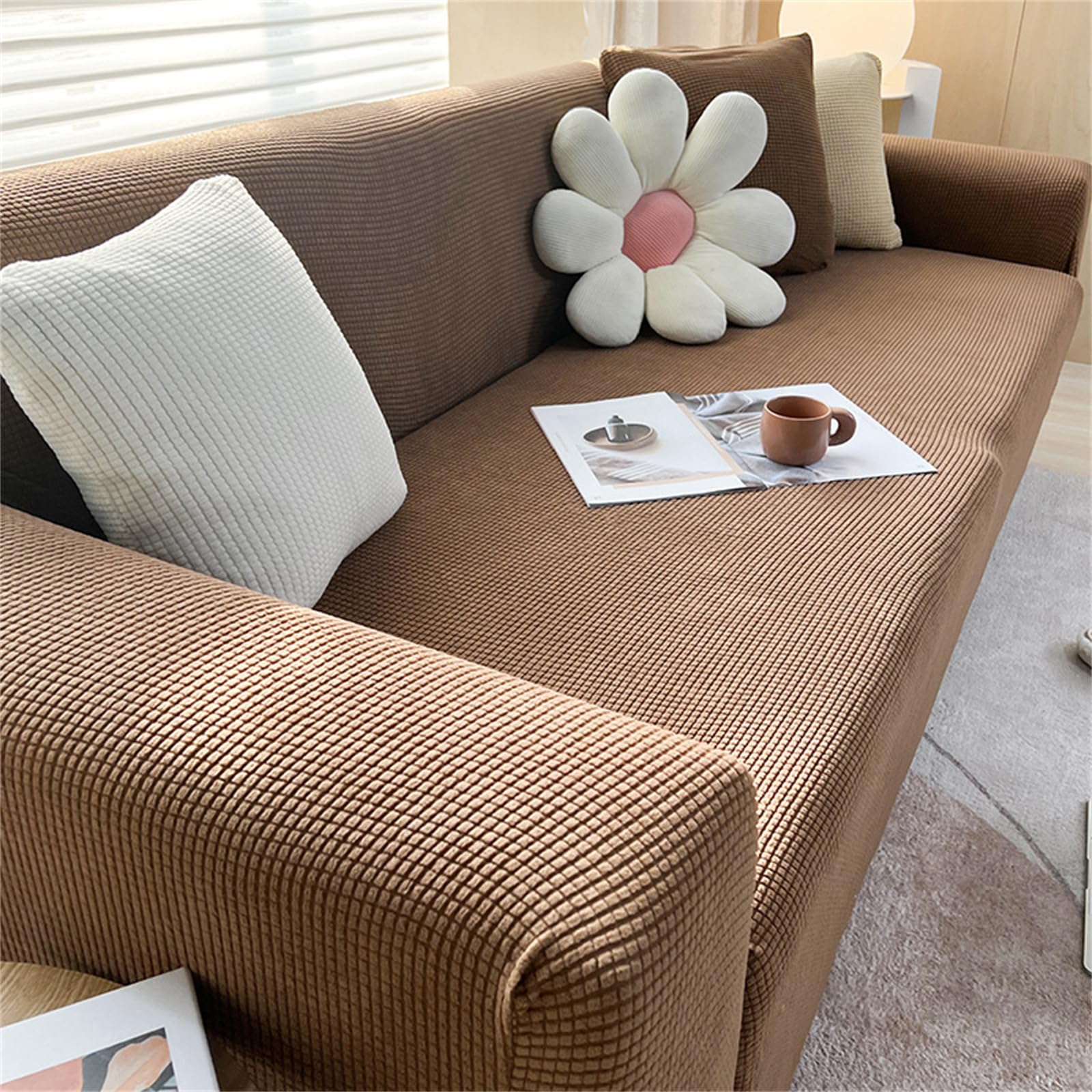 Hixingo Jacquard Anti-Slip Anti-Scratch Sofa Cover,1 2 3 4 Seater Couchcover Stretch Sofa Covers, Full Coverage Settee Protector Soft Protector for Living Room Home Decor (Brown,3 Seater)
