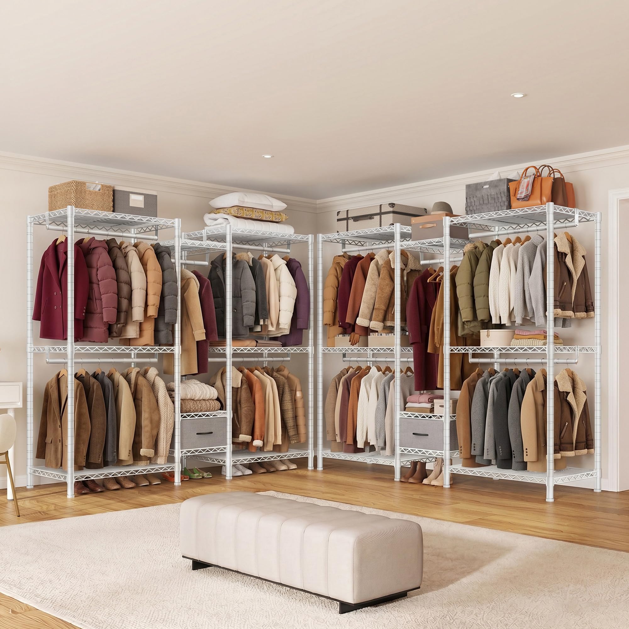 Burro ropa resistente, Armarios dormitorio metálico con 8 estantes regulables en altura, 5 barras para ropa y 1 cajón, 550 KG de carga, Perchero burro ropa, 189x45x194,5 cm, Blanco