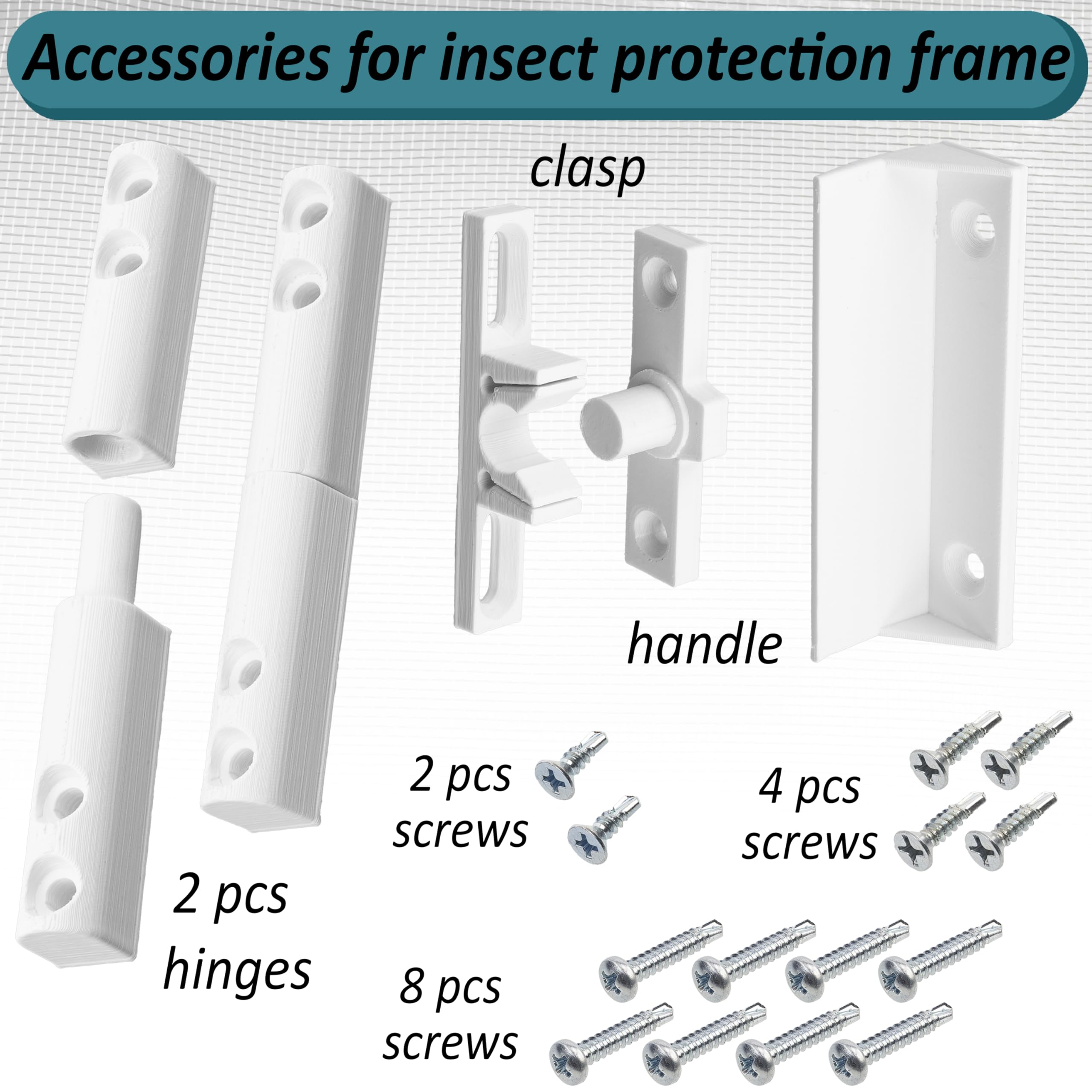 AERZETIX - Kit di accessori per telaio zanzariera: 2 cerniere, 1 maniglia, 1 chiavistello in plastica bianca + 14 viti autofilettanti (Ø3.9x22 mm, Ø3.9x13 mm, Ø3.9x16 mm)