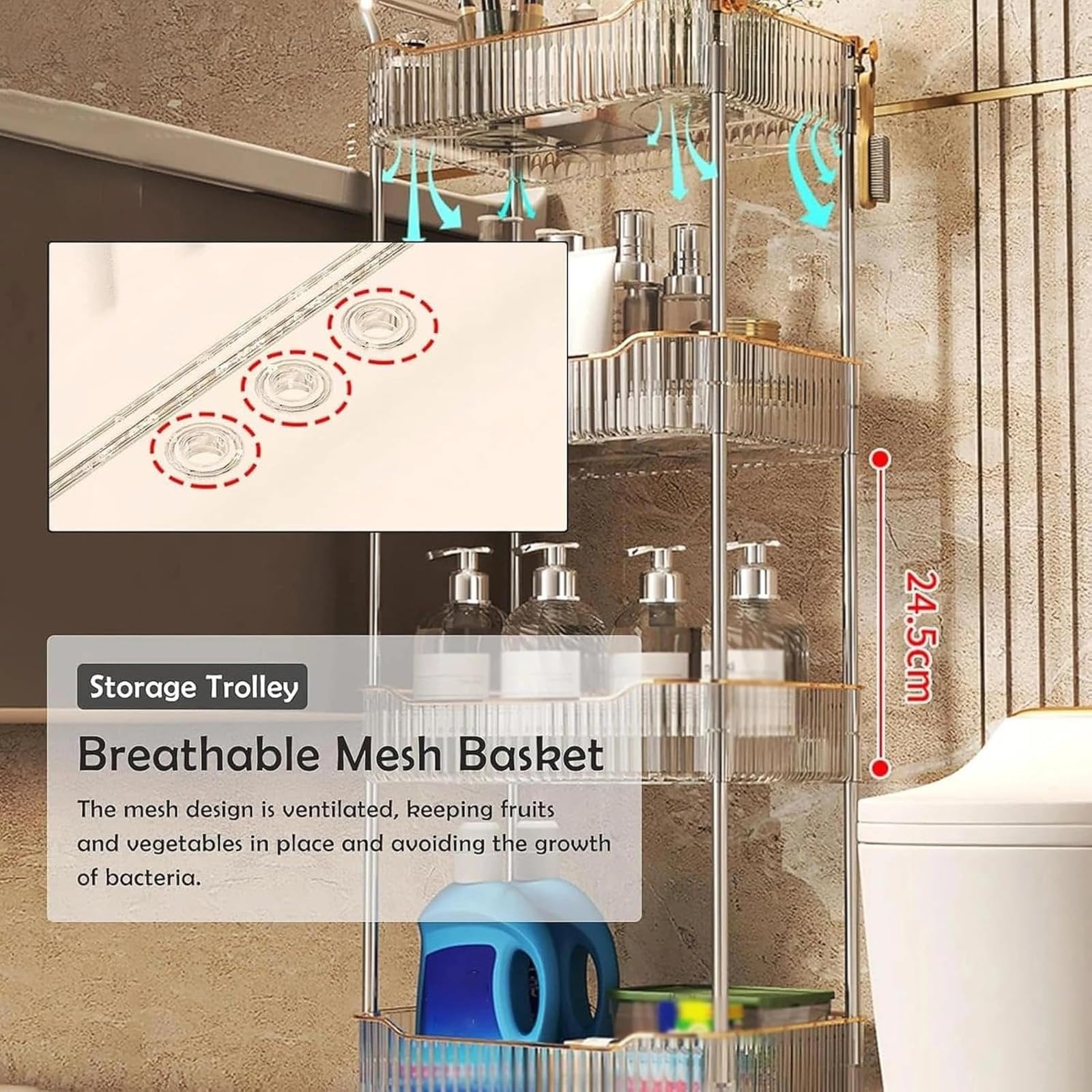 Carrito rodante organizador de baño, carrito de almacenamiento transparente con ruedas y asa para cocina, dormitorio, oficina, lavandería, 2 niveles, diseño que ahorra espacio
