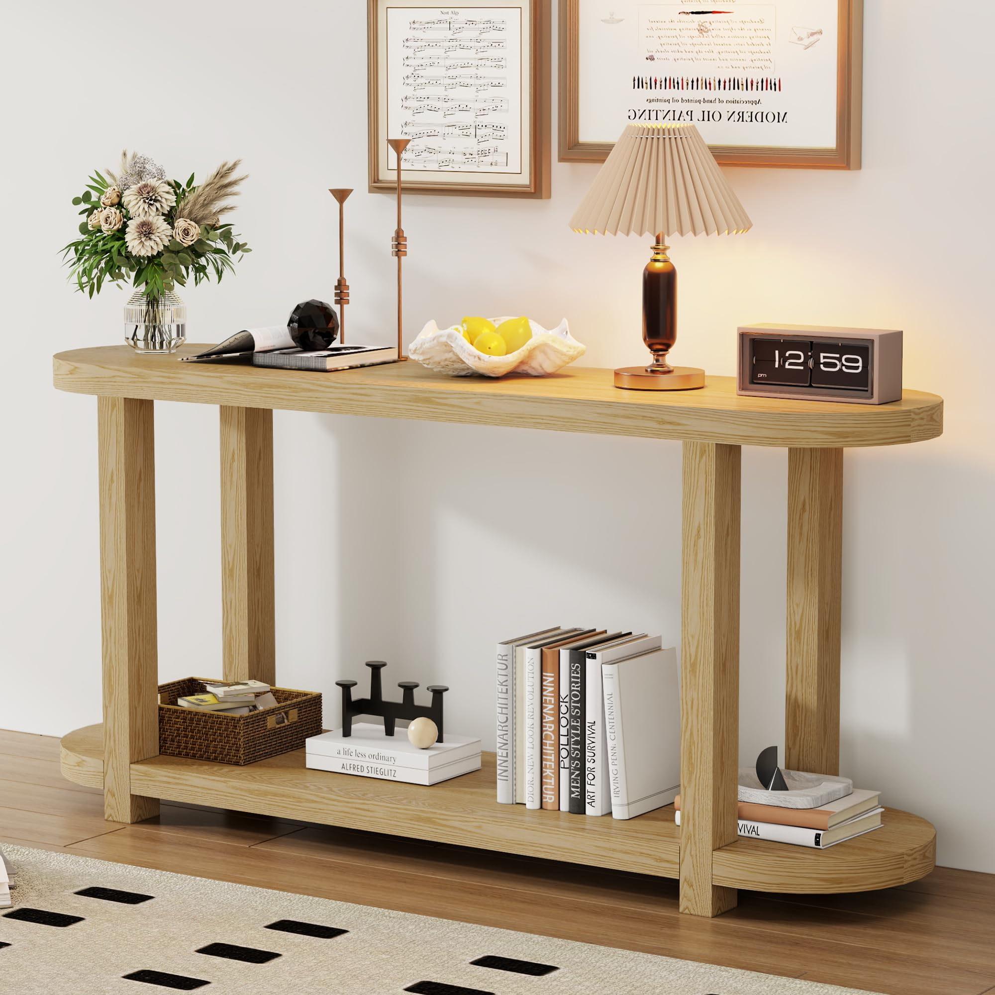 RuiSiSi Modern Ash Veneer Entryway Table with Oval Desktop, Minimalist Sofa Table Console Table with Spacious Shelf for Hallway, for Entrance Living
