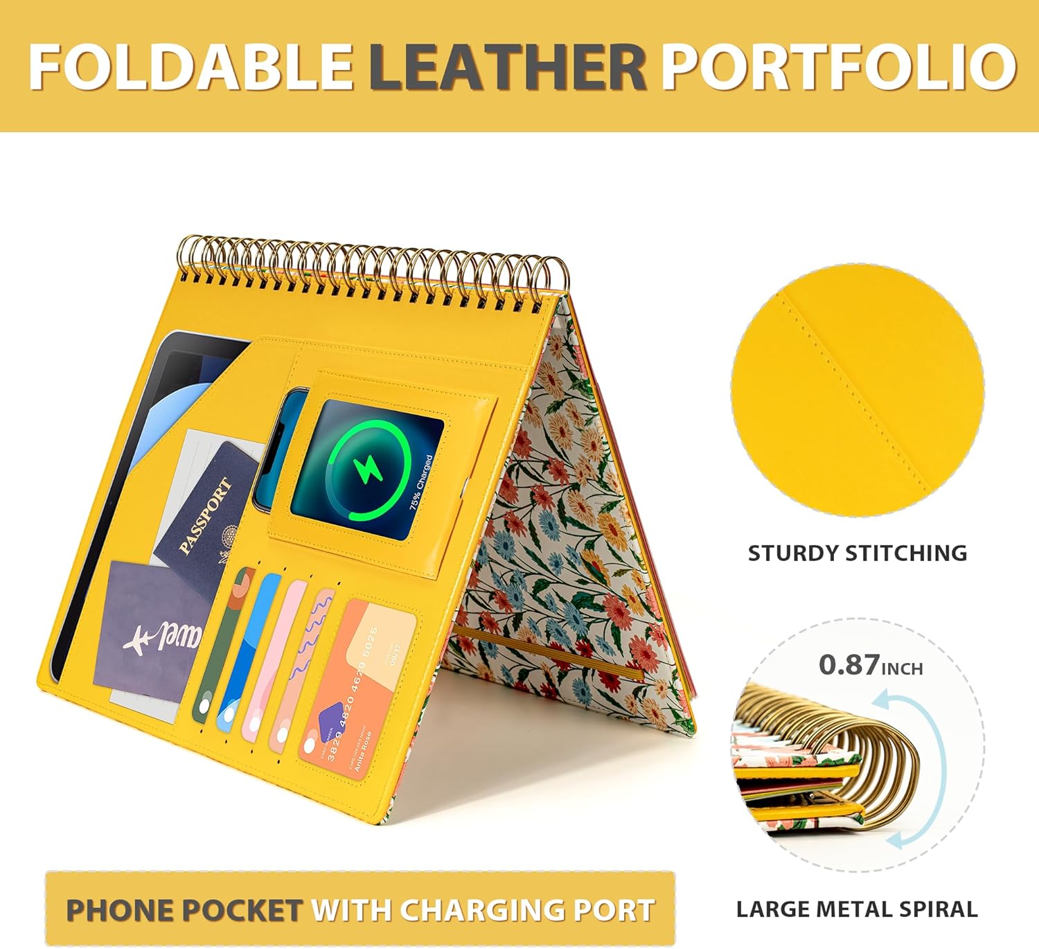 Ospelelf Clipboard with Storage for Men Women, Leather Padfolio Portfolio Organizer 5 Folders with 10 Pockets, Spiral Clipboard Folio with Notepad for Letter Size, Elastic Closure and Pen Loop Floral