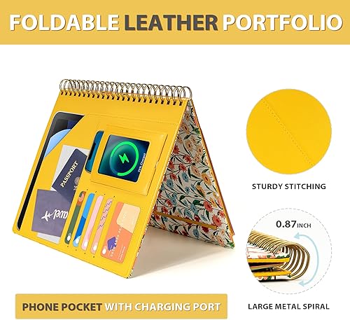 Vista 41 de Portapapeles con almacenamiento para hombres y mujeres, portafolio de cuero, 5 carpetas con 10 bolsillos, portapapeles en espiral con bloc de notas