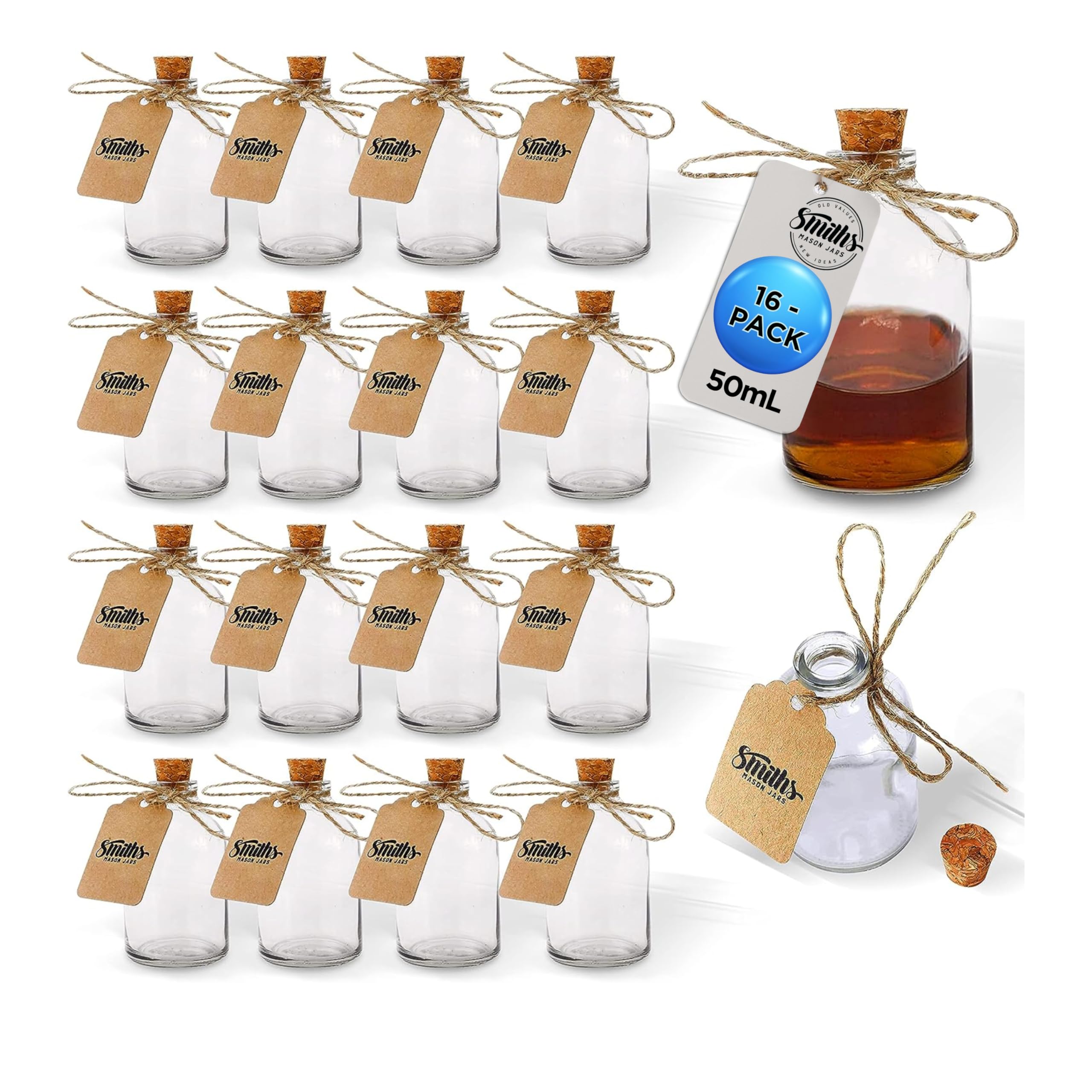 Smiths Mason Jars 16-Pack Mini Glass Bottles - 50ml, 7.5cm x 4cm with cork for Spell Jars - Great for Food Storage, Giveaways, DIY Projects, Wedding Favour Gift, Culture Storage and More