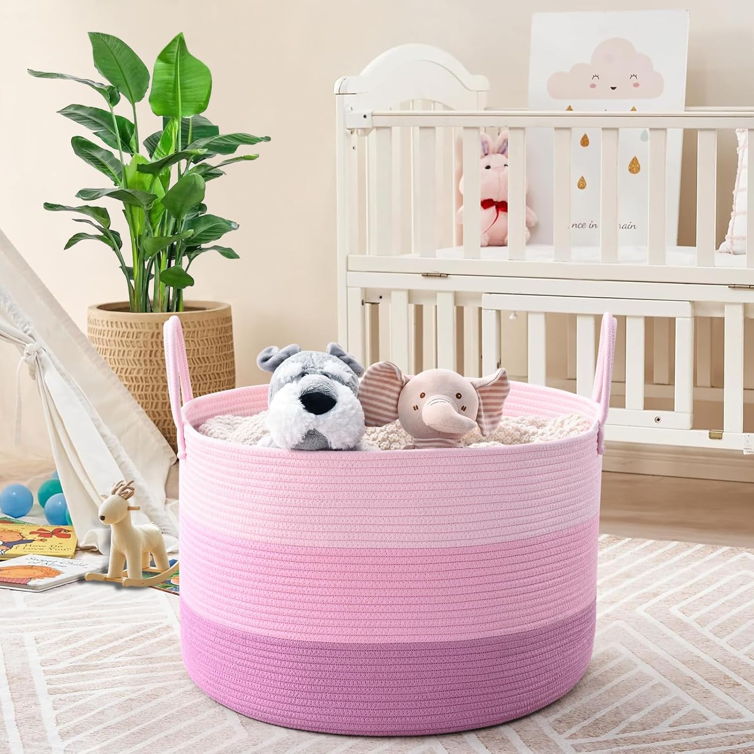 Blanket Basket Living Room, 67L Large Round Storage Basket, Cotton Rope Laundry Baskets & Toy Storage Organizer for Nursery, Bedroom, 20"×13", Pink - Image 7