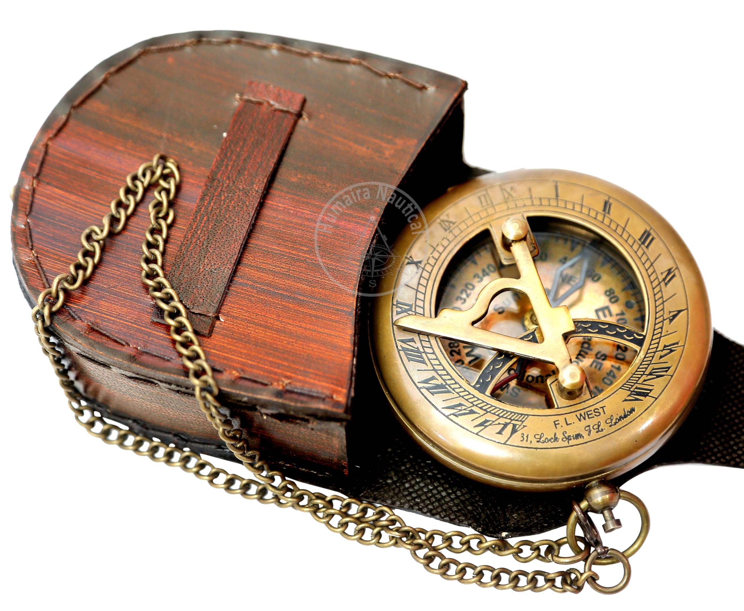 Brass Sundial Compass with Leather Case and Chain - Push Open Compass - Steampunk Accessory - Antiquated Finish - Beautiful Handmade Gift -Sundial