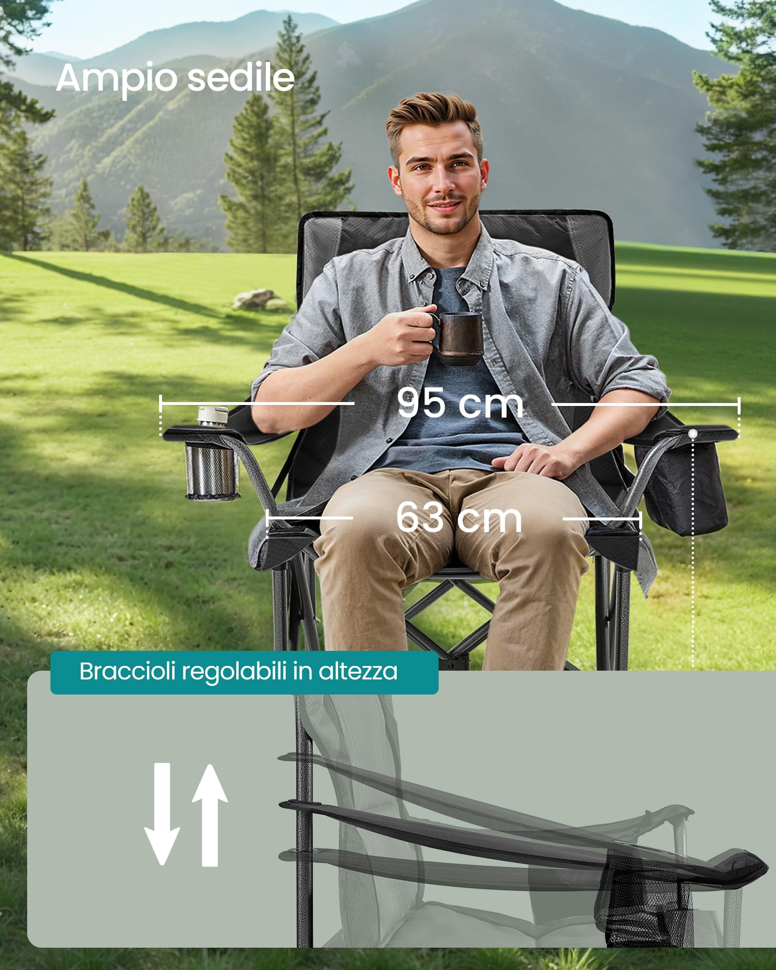 SONGMICS Sedia da Campeggio Imbottita Extra-Large Pieghevole con Supporto Lombare Portante 205 kg Nero Inchiostro