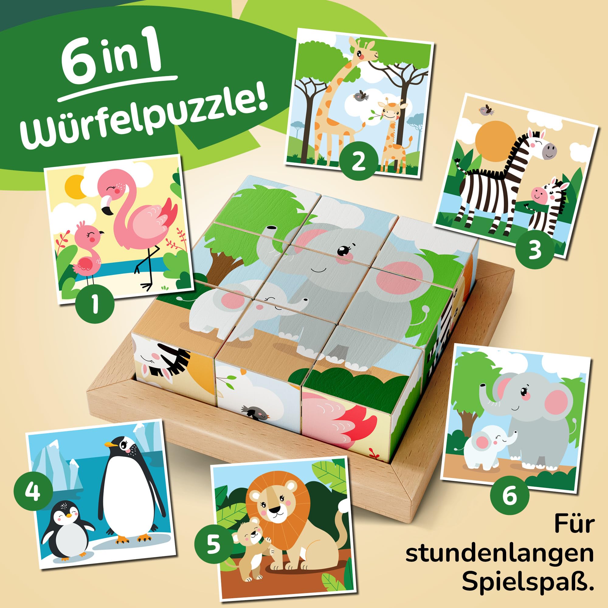 Merle Toys® 6-in-1 Würfelpuzzle ab 2 Jahre, 100% FSC-Buchenholz, Würfelpuzzle ab 3 Jahre, Bilderwürfel Holzpuzzle ab 2 Jahre, 4,5 cm große Würfel, Puzzle mit abgerundeten Ecken und Bildvorlagen, Löwe