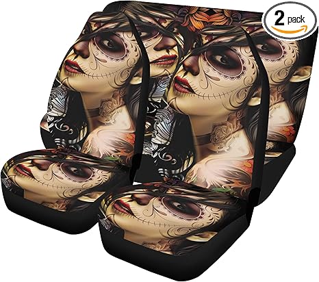 Dia de Los Muertos Sugar Skull Car Seat Covers and Glitter Car Mats – Mexican Candy Skull Universal Seat Cover, Cute Festival Car Mat, Boho Auto Interior Décor (2pcs Front mats)
