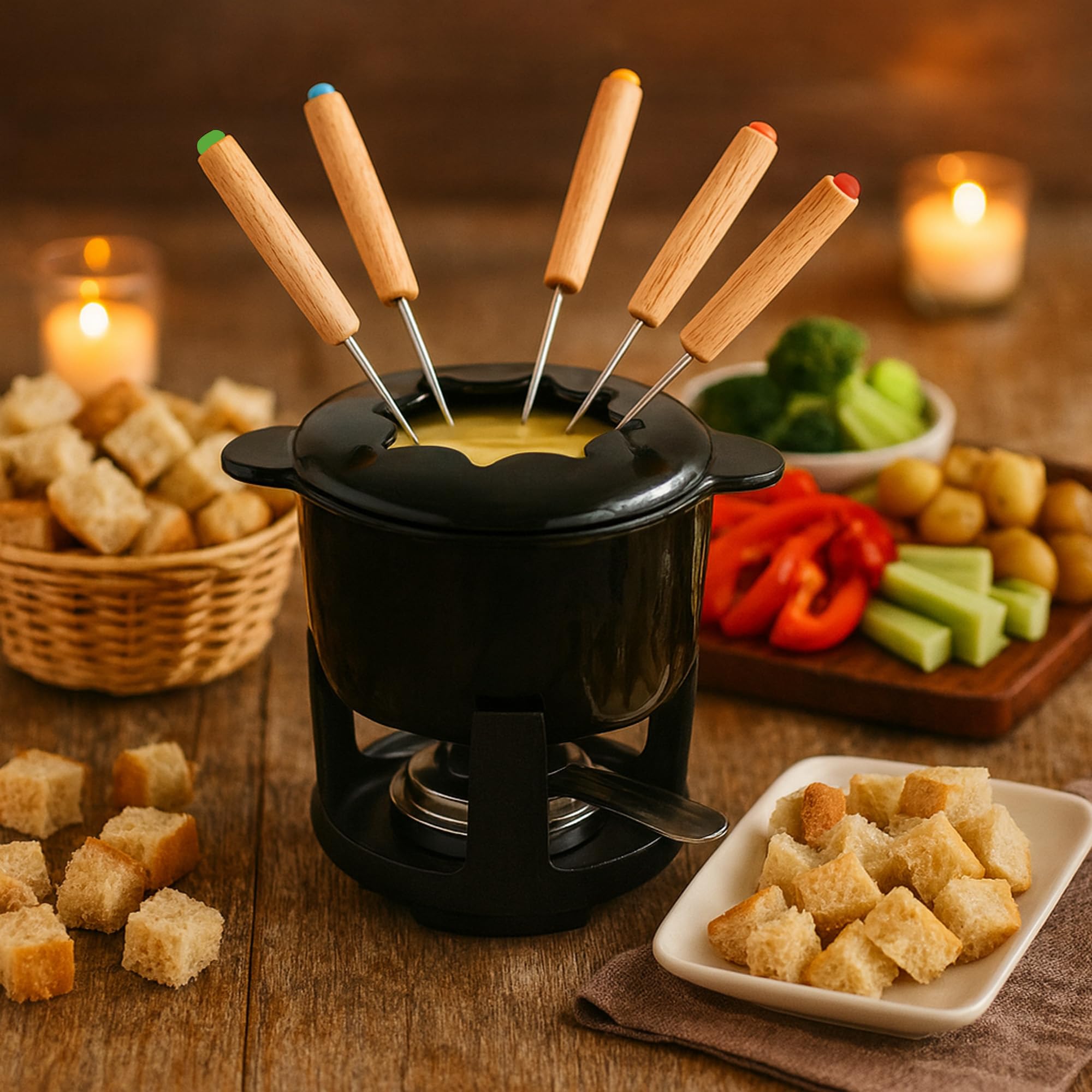 BBQ-TORO Juego de Fondue de Hierro Fundido | 6 Personas | 1 Litro | Set de Fondue 13 Piezas con Quemador y Tenedores | Set para Fondue de Queso, Set de Fondue de Carne, Set para Fondue de Chocolate