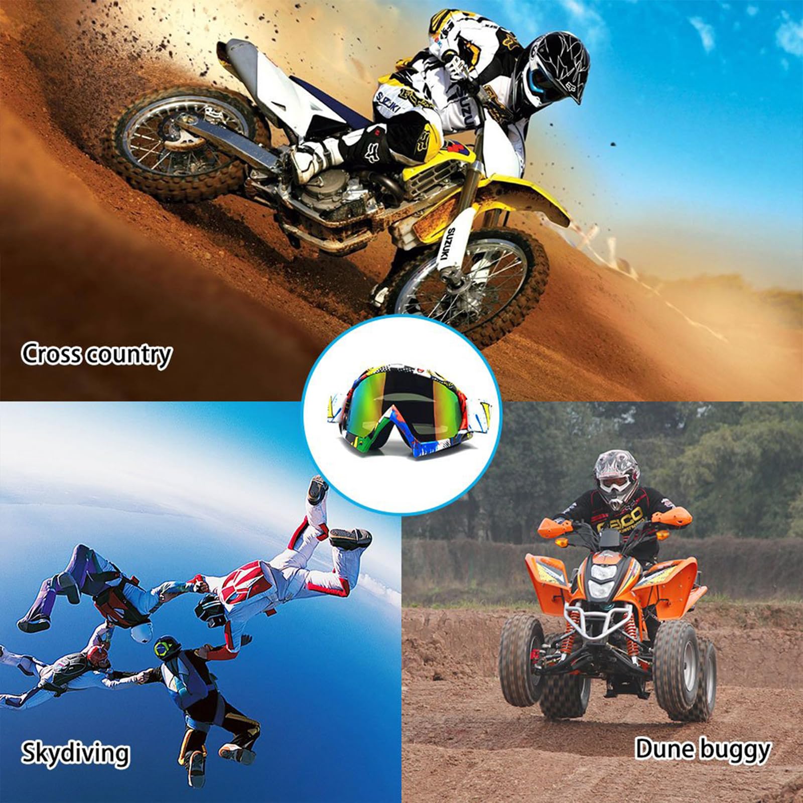 Occhiali da neve pieghevoli, unisex, per motocross, sport, motoslitta, snowboard, sci, anti nebbia, polvere, UV, antipolvere, antigraffio