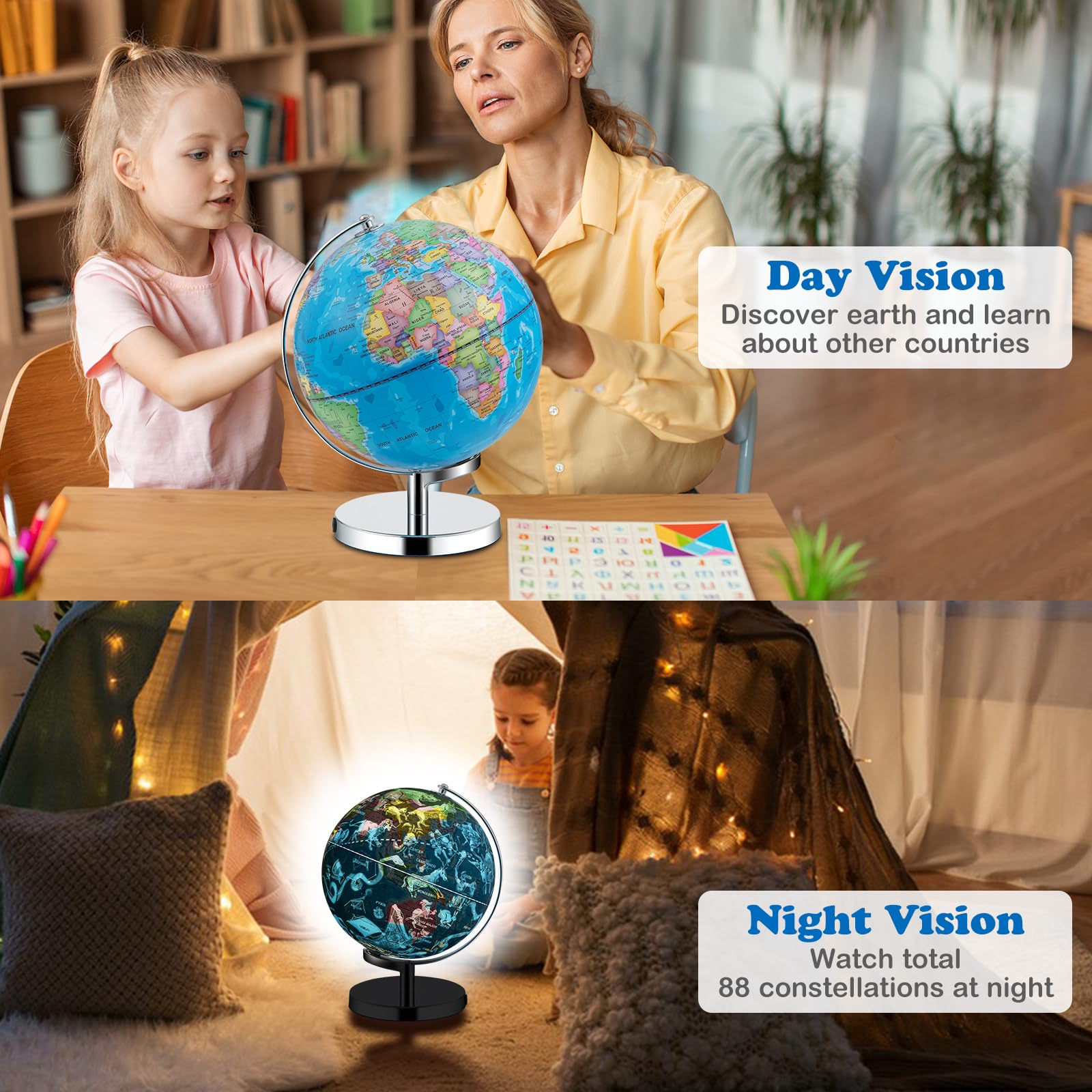 GIANTEX Mappamondo luminoso 23 cm 3 in 1, interattivo e ruotabile a 360°, mappa del mondo HD e mappa delle costellazioni illuminate, educativo per bambini, lampada LED con base in metallo