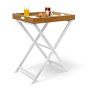 Relaxdays Bandeja con Patas, Bambú y Madera, Aprox. 72x60x40 cm, Mesita Auxiliar, Mesa Desayuno Cama, Plegable, Blanco