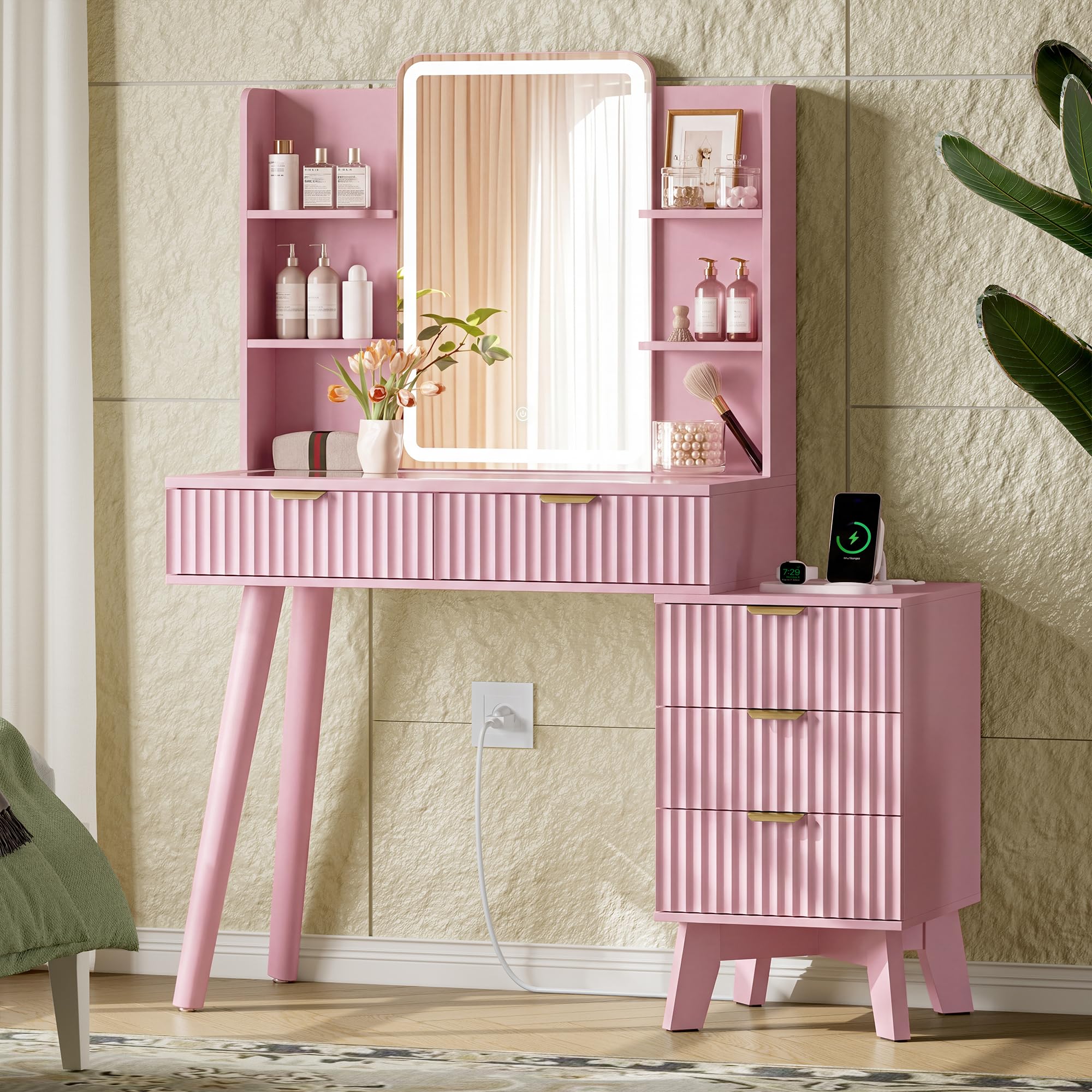 Xixini Fluted Vanity Desk with LED Lights Mirror &amp; Charging Station, Pink