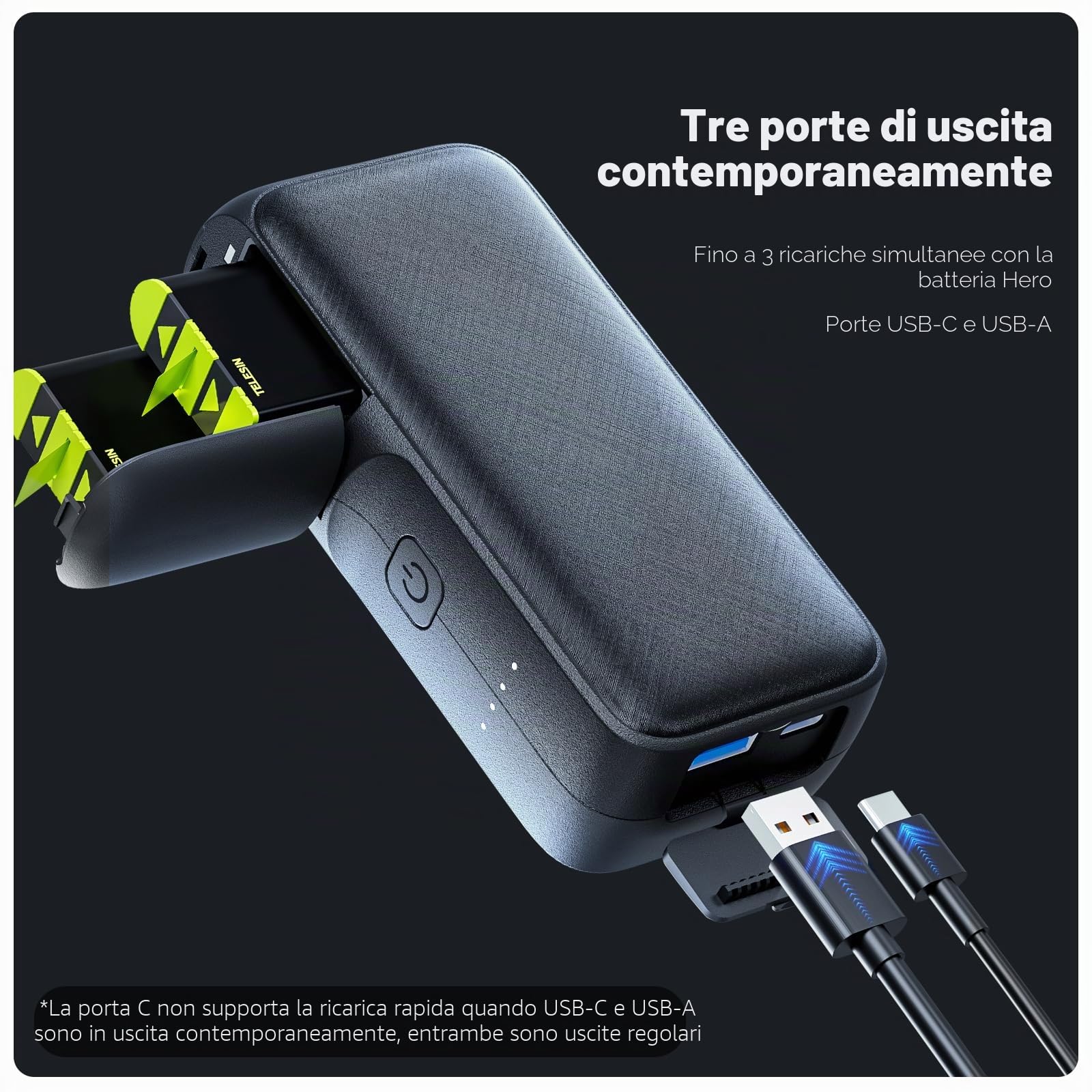 TELESIN 10000mAh Caricabatterie Power Bank per Go Pro Hero 13, Dual Slot Caricatore Rapido per GoPro Hero 13, Multifunzione Portatile Power Bank Caricabatterie Completamente compatibile con GoPro Hero | Viaggio/outdoor, 10000mAh e doppio slot ricarica, st