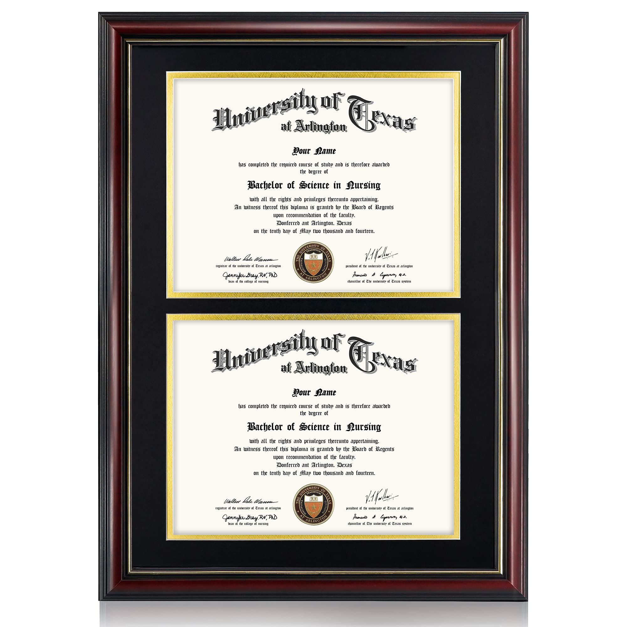 Photo 1 of GraduationMall Double Diploma Frame,Solid Wood & UV Protection Acrylic,Cherry Finish with Gold Trim,Black & Gold Mat Cherry With Gold Trim Double