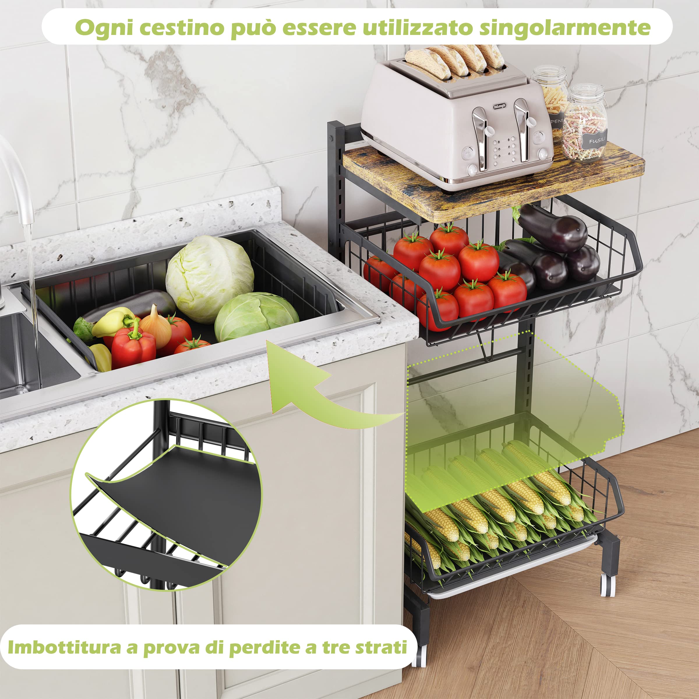 COVAODQ Mensola per Verdure da Cucina, impilabile per Frutta Verdura, Carrello da Cucina, con Ruote bloccabili e Piastra, per Bagno, Cucina, Ufficio(Tavola)