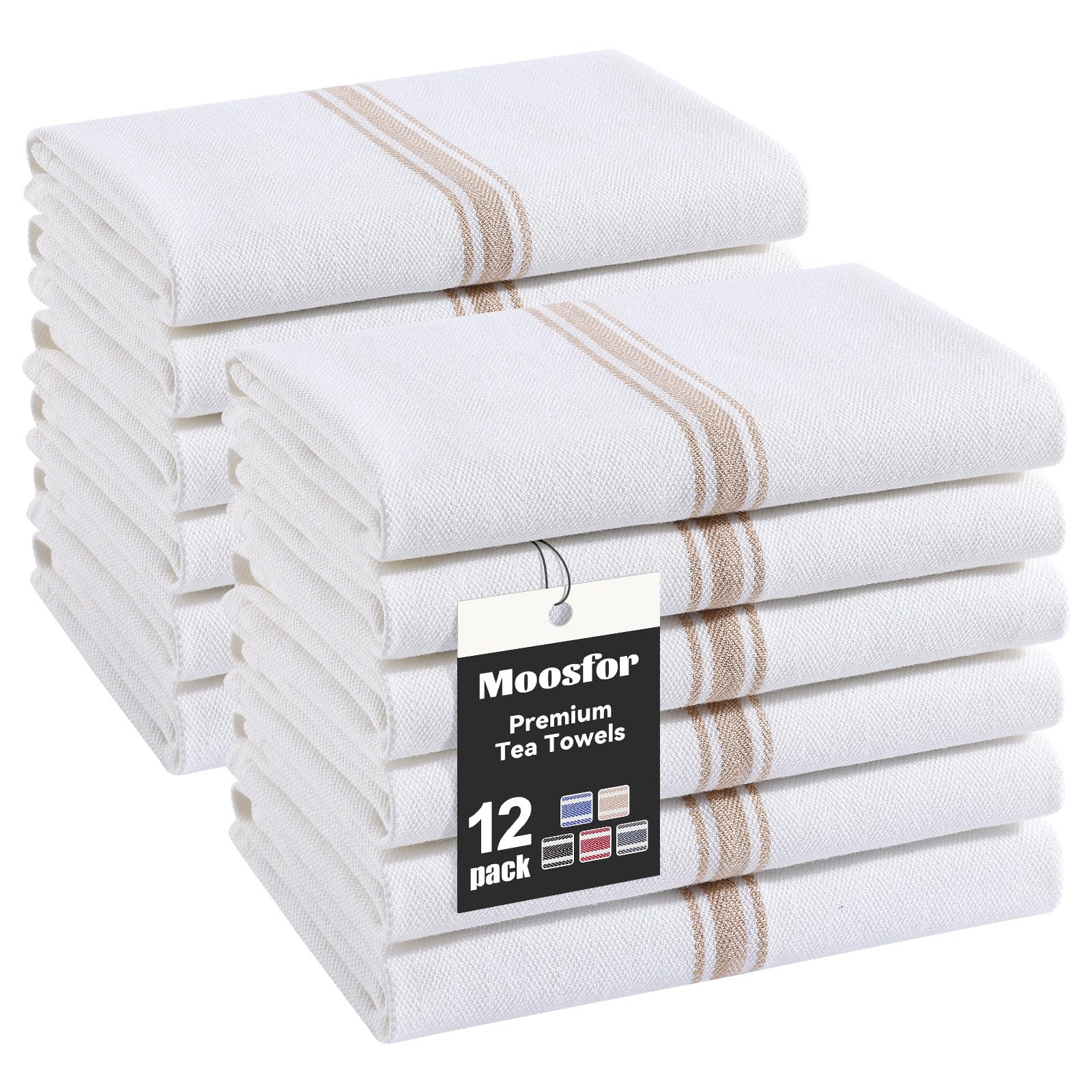 Moosfor 100% Organic Cotton Tea Towels Extra Large, Highly Absorbent Soft Dish Cloths, Lint Free Quick Drying kitchen Towel, Premium Dish Towels for Kitchen, Pack of 12, 38 x 64 cm, khaki