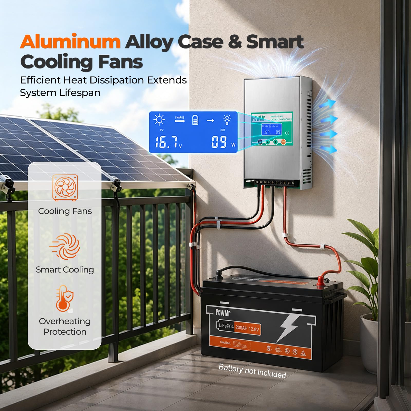 PowMr 100 A MPPT Solarladeregler 12 V 24 V 36 V 48 V Auto, 100 A negativer Erdungs-Solarmodul-Regler, Aluminiumgehäuse für LiFePO4 Blei-Säure-Batterie, passend für Wohnmobil, Marine Off Grid