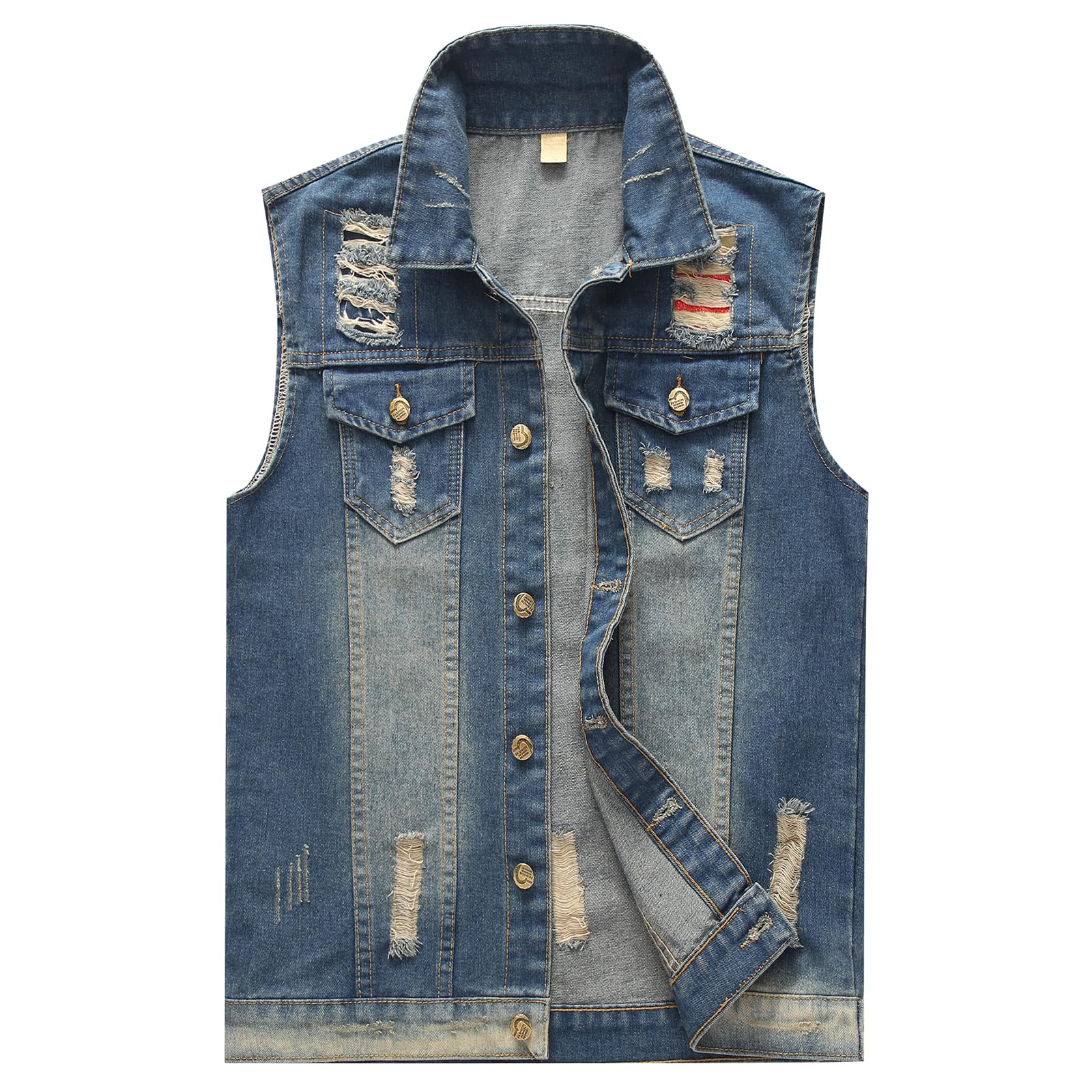 KUDORO Gilet homme Denim Déchiré Veste Gilet sans Manches en Jeans Vintage Gilet Denim Veste à la Mode Motard