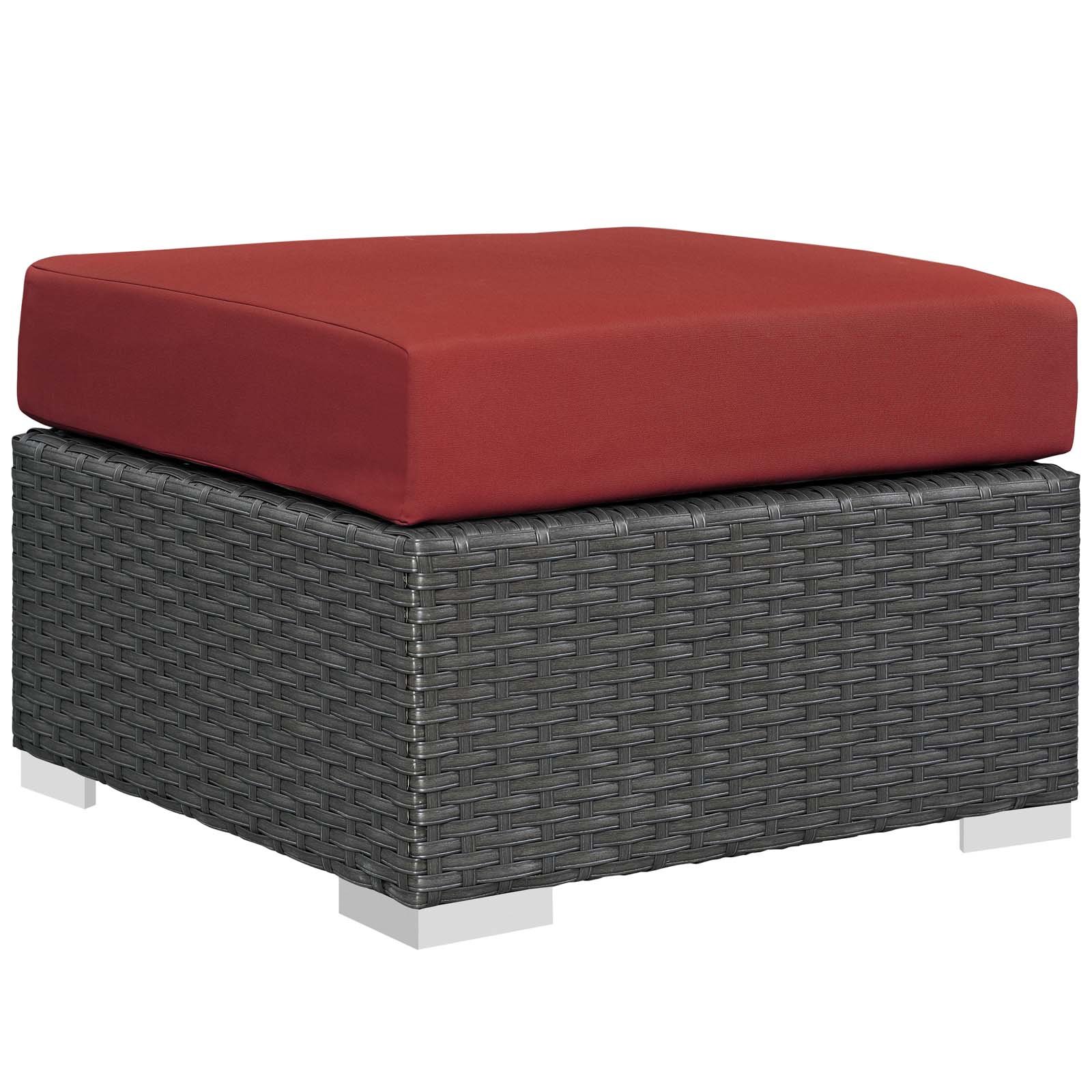 Modern Contemporary Outdoor Patio Balcony Garden Lounge Chair Ottoman, Rattan Wicker, Red
