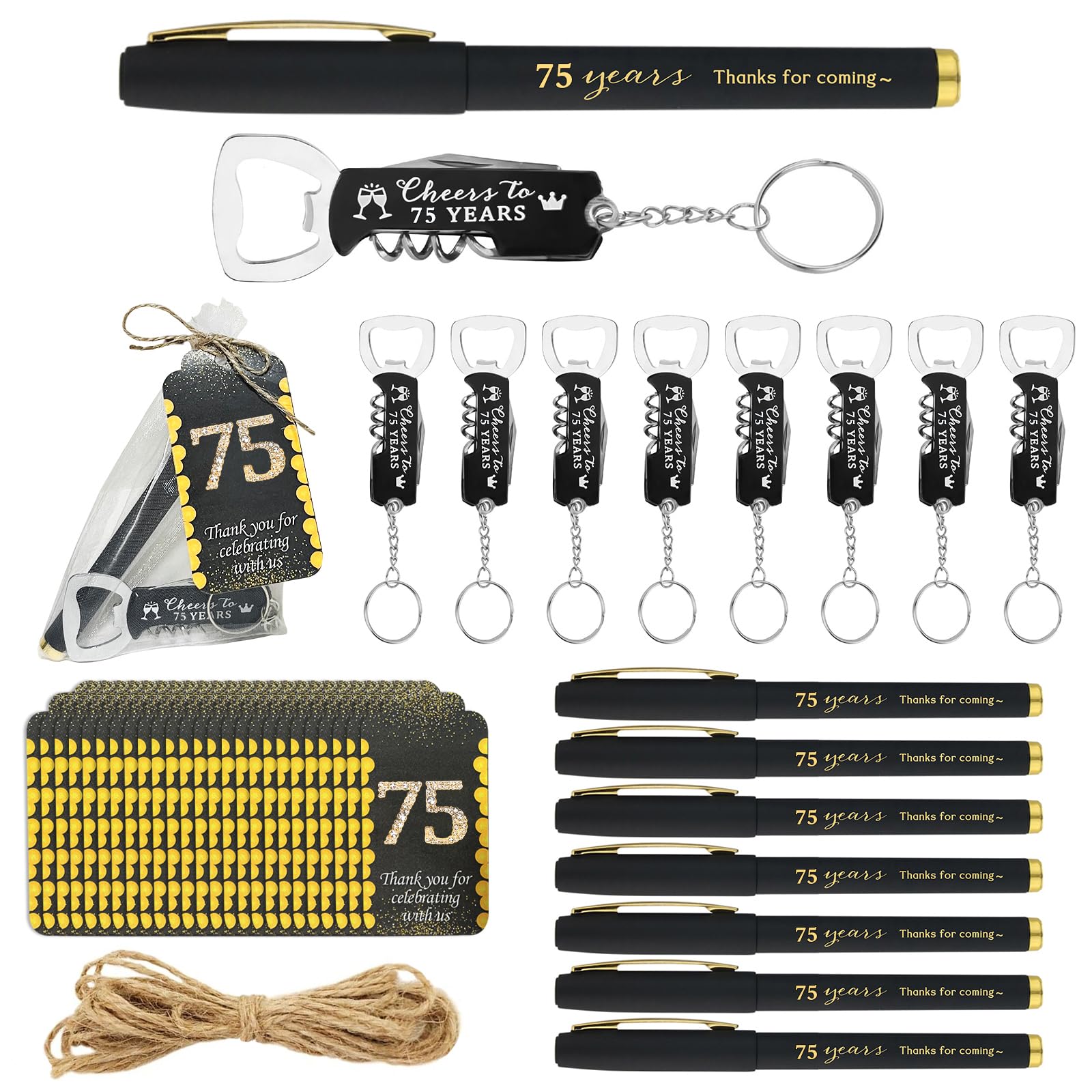 Gastgeschenke zum 75. Geburtstag, inklusive Stifte, Flaschenöffner, Schlüsselanhänger, Großpackung, Dankeskarten mit Organza-Geschenktüten für Geburtstag, Jahrestag, Souvenirs, Prost bis 75