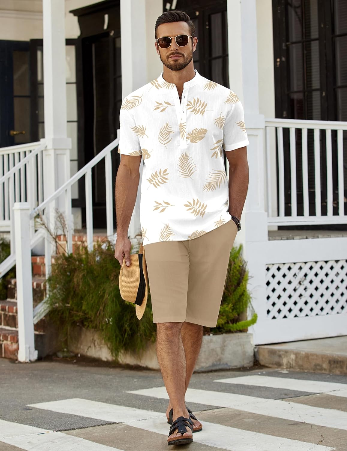 COOFANDY Men's 2 Pieces Linen Set Casual Henley Shirts Short Sleeve Beach Yoga Shorts Summer Pants Outfits - Image 6