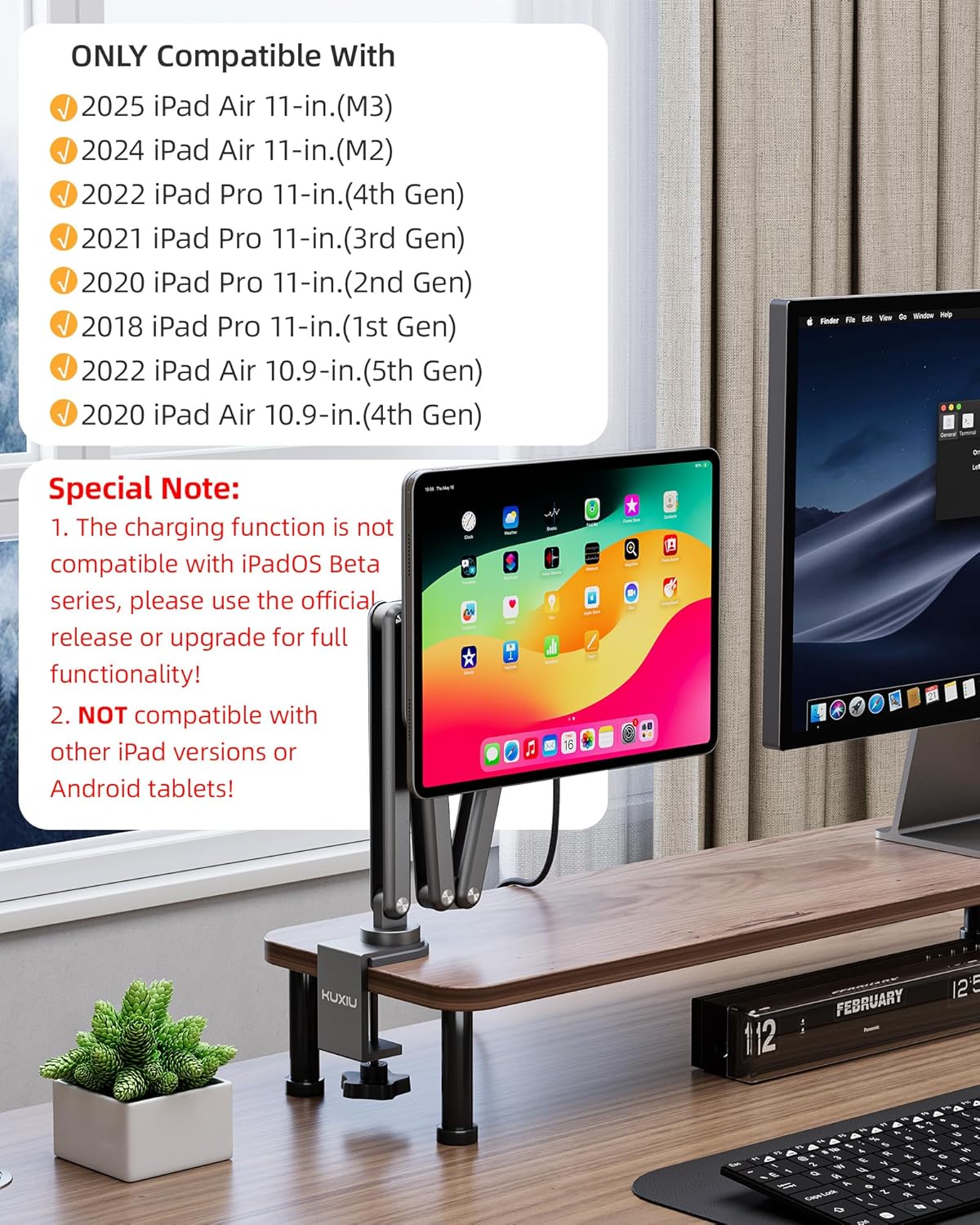 KU XIU [Upgrade] Magnetic Wireless Charging Stand for iPad Pro/Air 11 M2, Aluminum Alloy Adjustable Arm Mount for Desk, Foldable Tablet Holder for iPad Pro 11 1st/2nd/3rd/4th, Air 10.9 4/5th