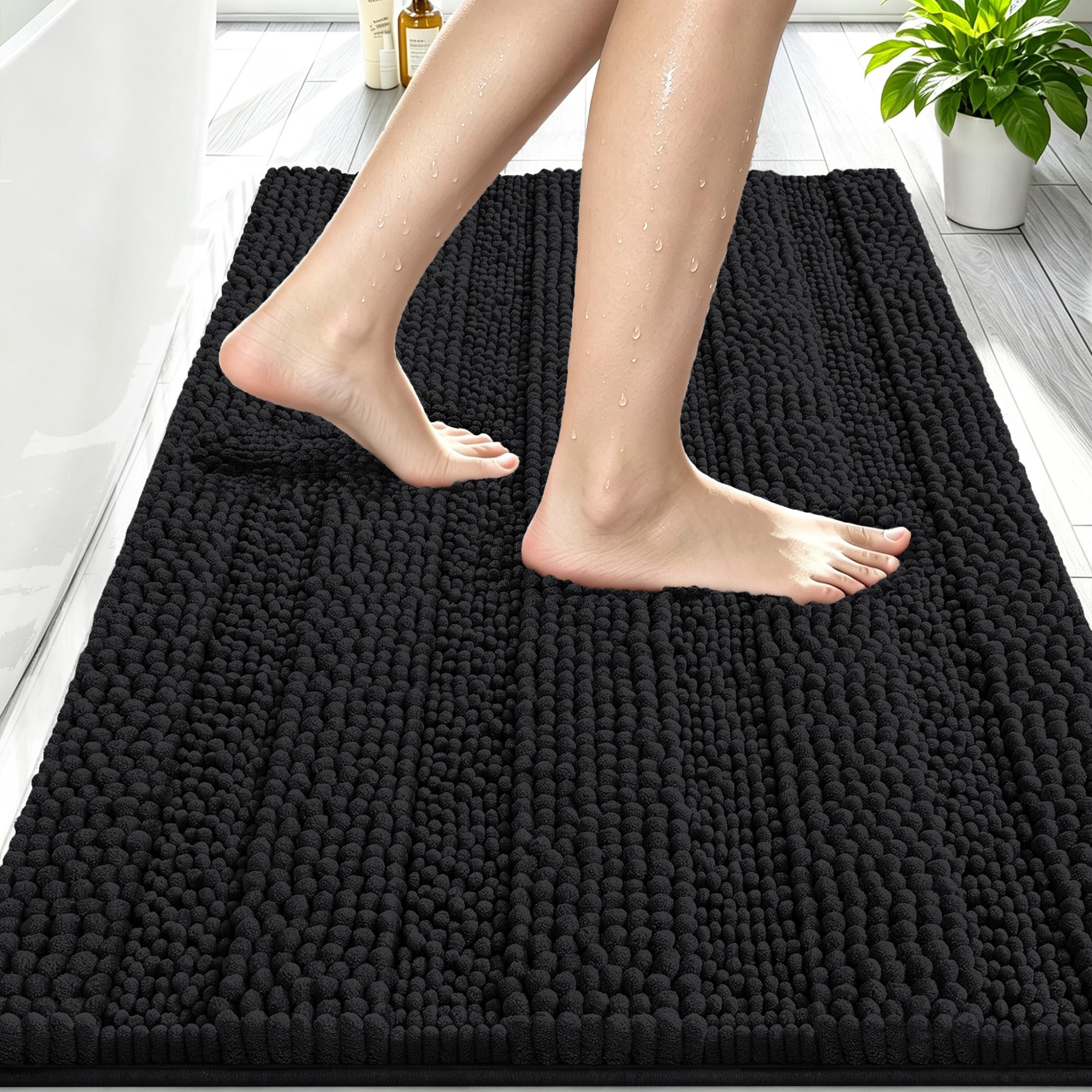Smiry Thick Chenille Bathroom Rugs 30x20, Soft Absorbent Bath Mat, Black