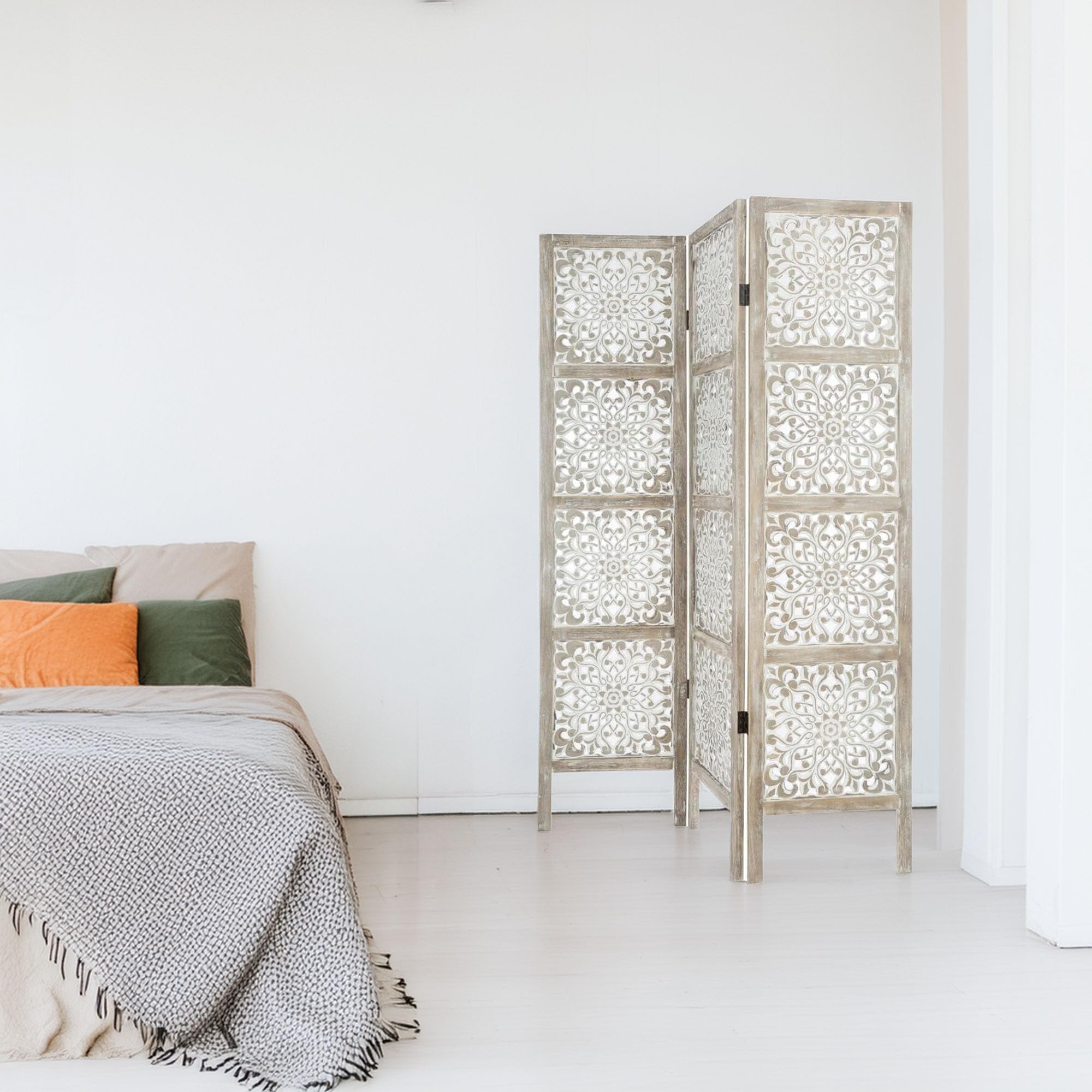 Well Home - Pantalla en Madera Etnik con Estampados en Color Blanco