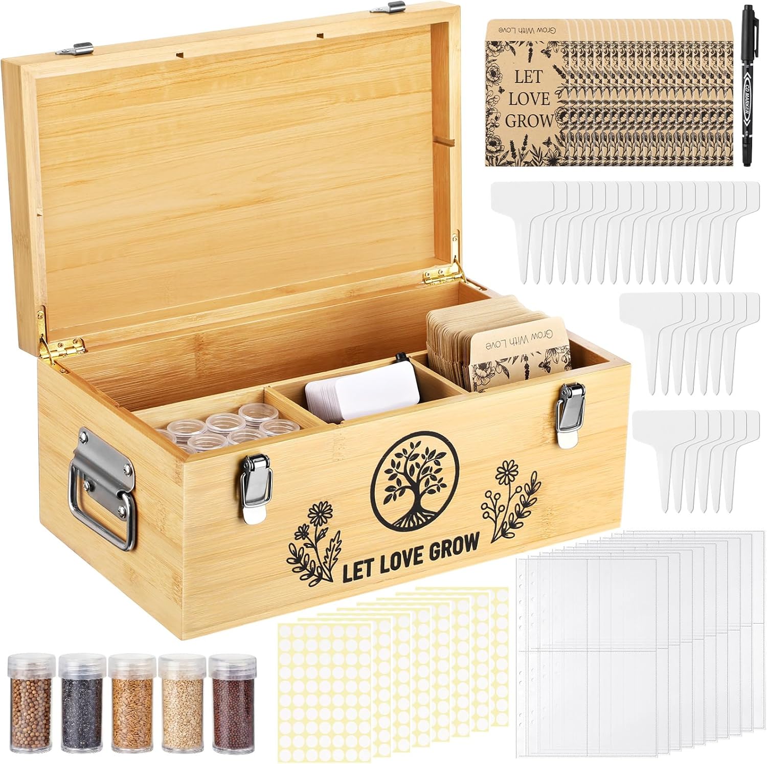 Large Bamboo Seed Storage Organizer with Lid and Locks, Seed Organizer Storage Box with 40 Jars, 50 Envelopes, 100 Plant Labels 60 Stickers & More, 4 Compartments for Garden Seeds
