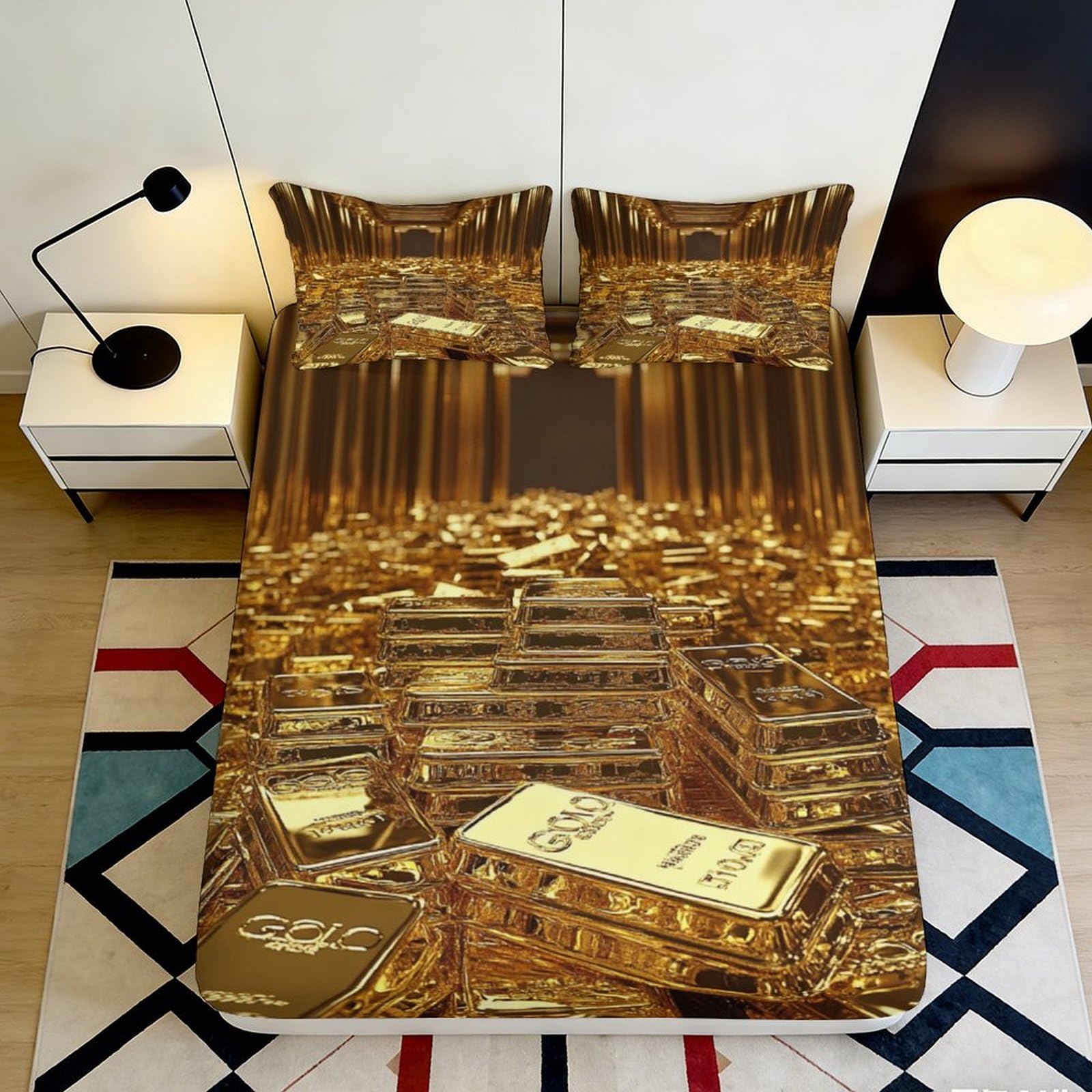 3D Printed Gold Design Fitted Sheet Microfiber Deep Pocket Non-Slip Bedroom Bedding Gold Theme Mattress Fitted Cover for All Ages 180x200x25cm