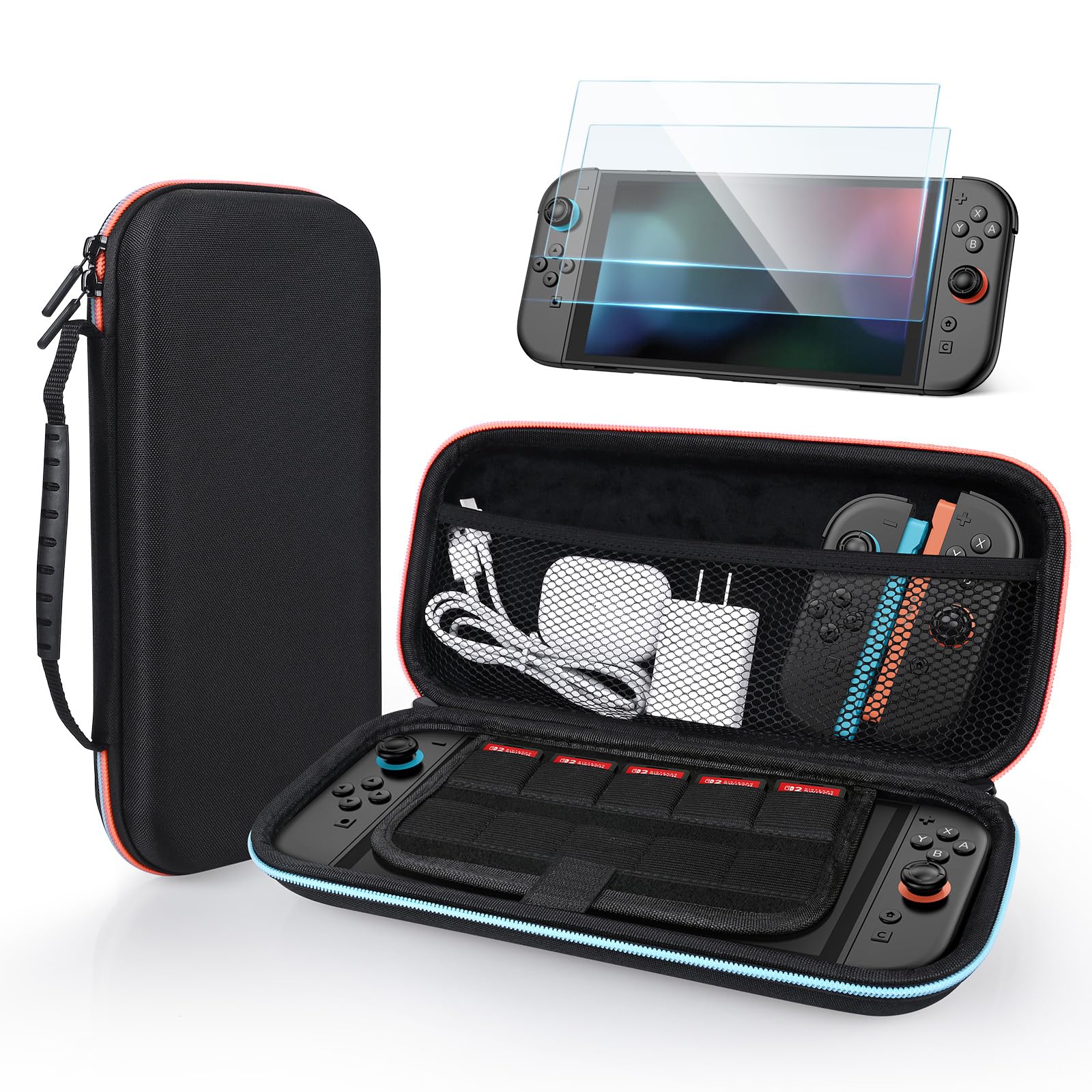 Etui Podróżne do Nintendo Switch 2 od MMOBIEL – Kompaktowy Twardy Futerał z 10 Miejscami na Karty Gier, Kieszenią z Siatki, Miękką Wyściółką i 2 Szkłami Ochronnymi – Pokrowiec Ochronny – Czarny
