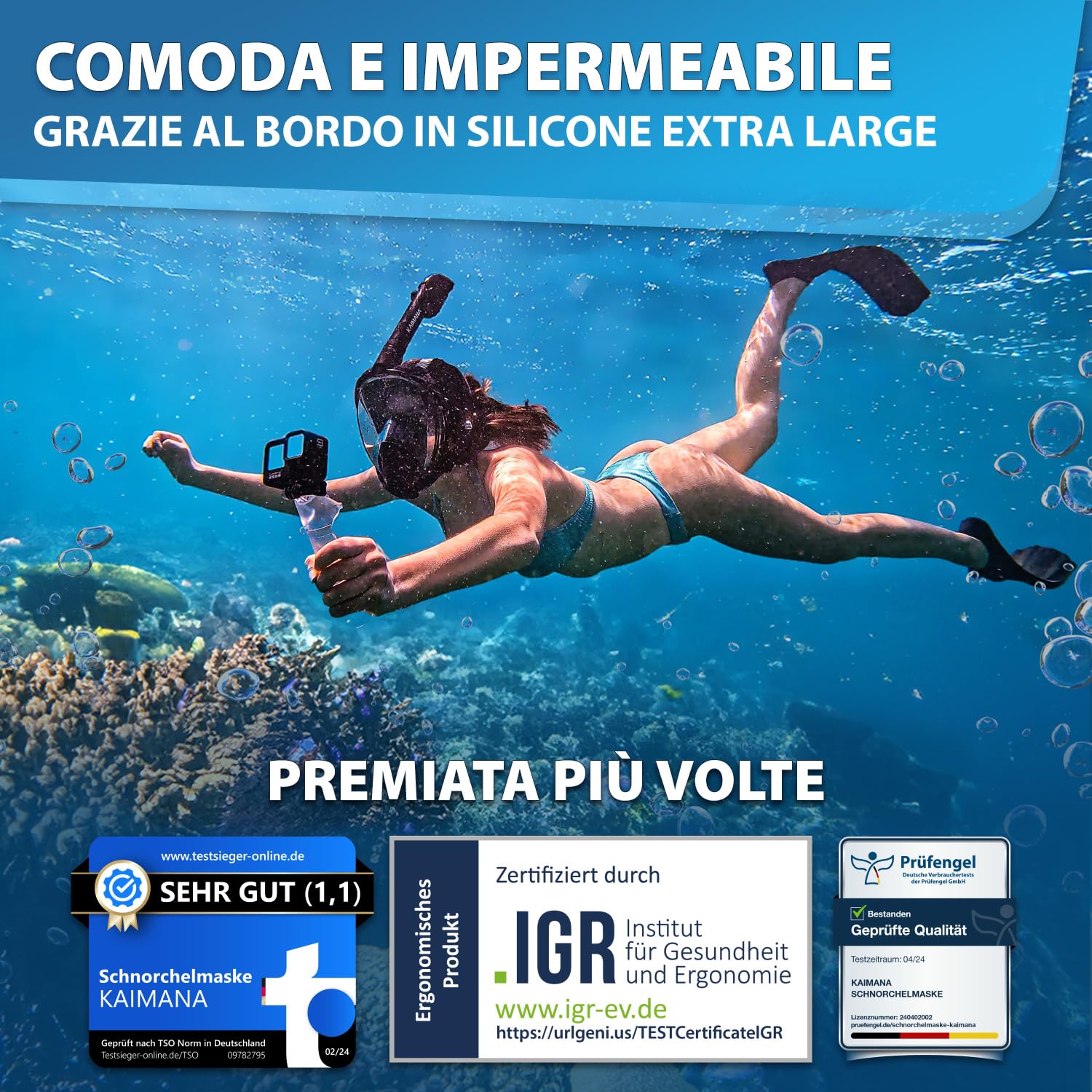 La pluripremiata maschera da snorkeling KAIMANA® per adulti e bambini — assolutamente sicura in presenza di CO₂ — include una custodia da trasporto — maschera da sub per adulti — a pieno facciale